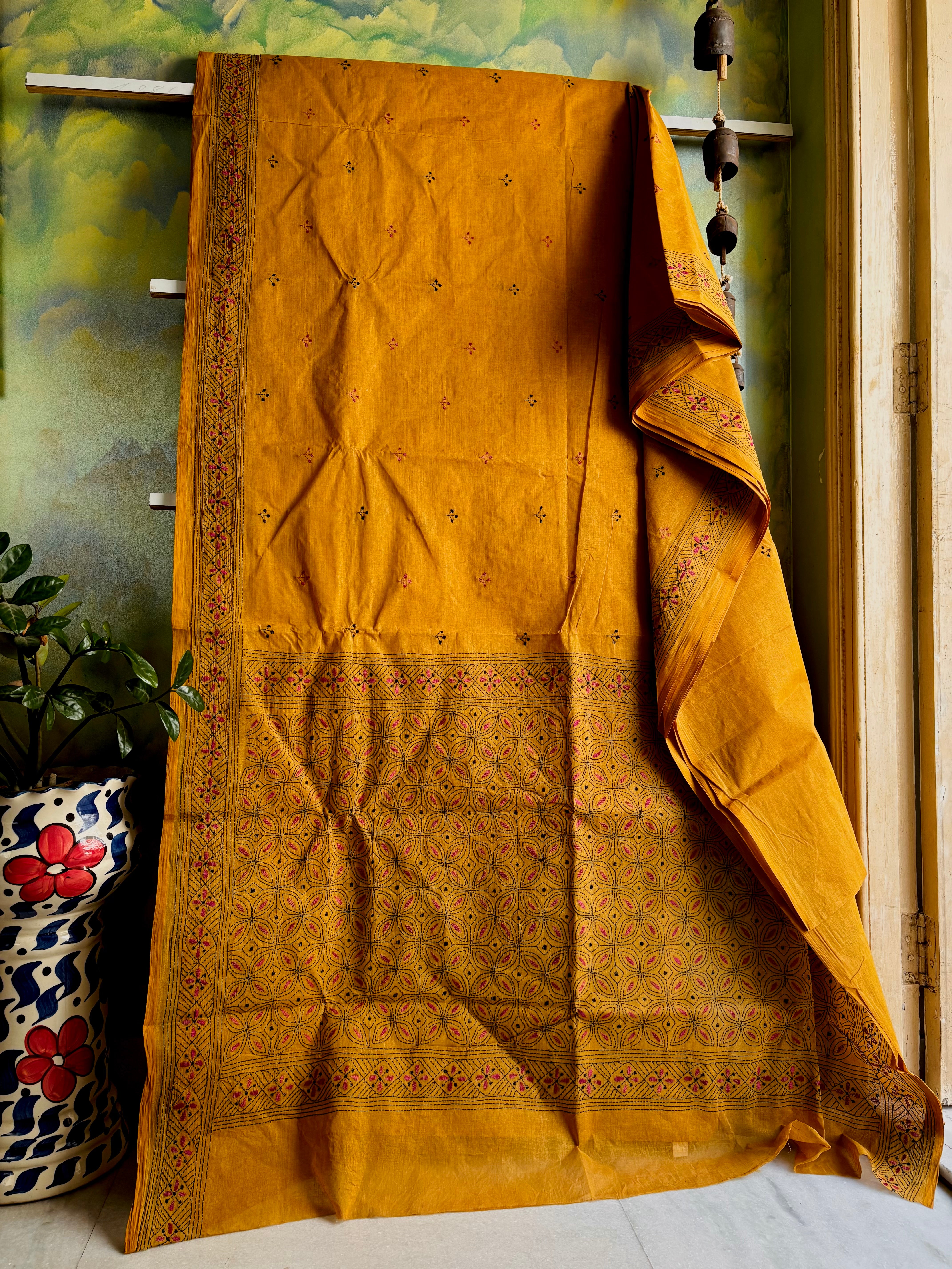 Handmade Mustard Yellow Cotton Kantha Saree