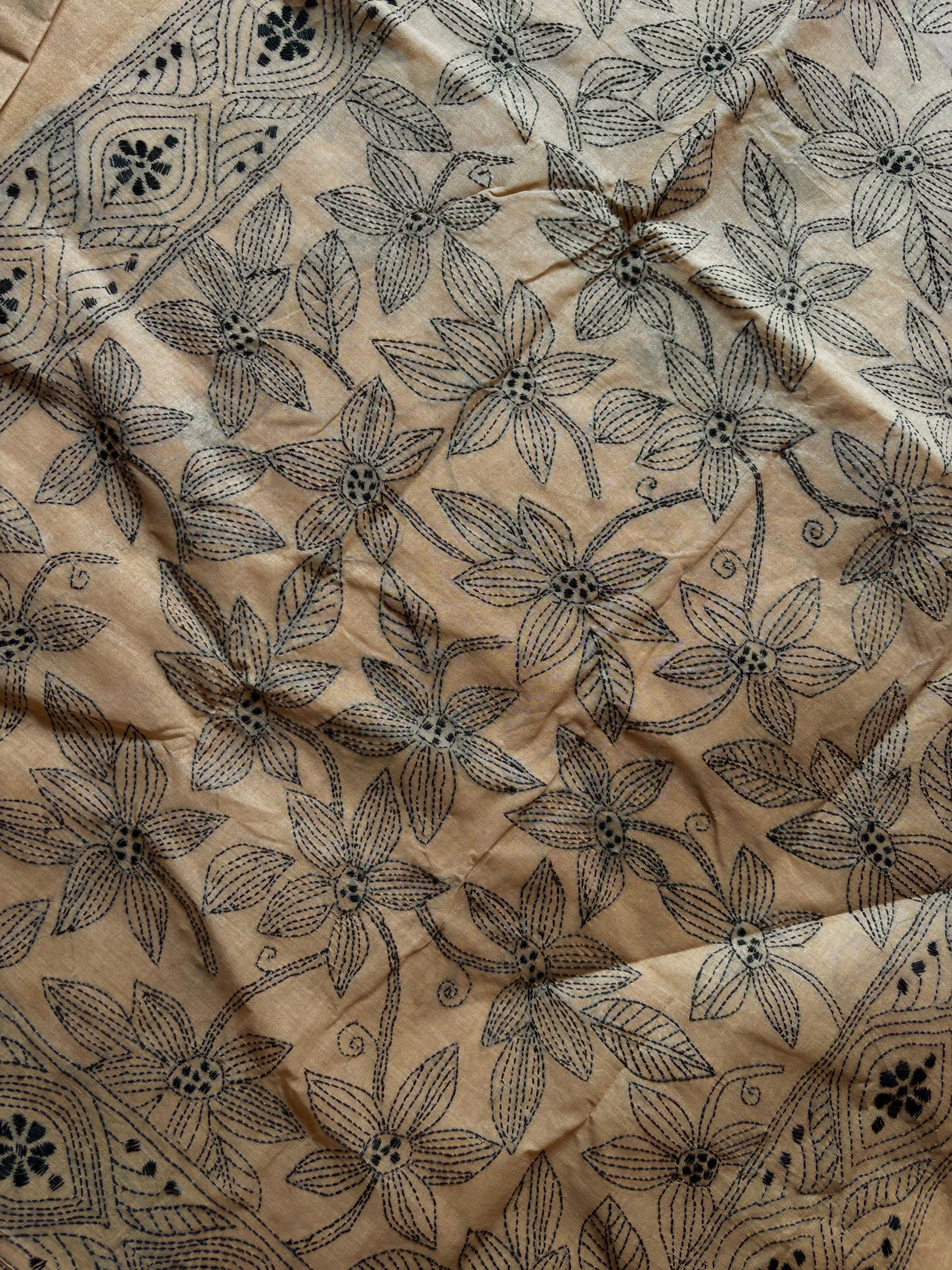 Handmade Beige Black Cotton Kantha saree