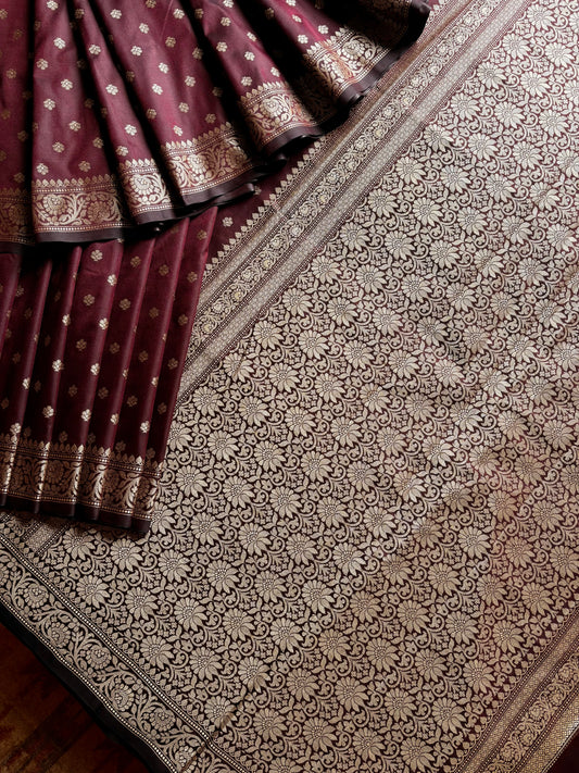 Dark Brown Colour Handwoven Semi Katan Saree