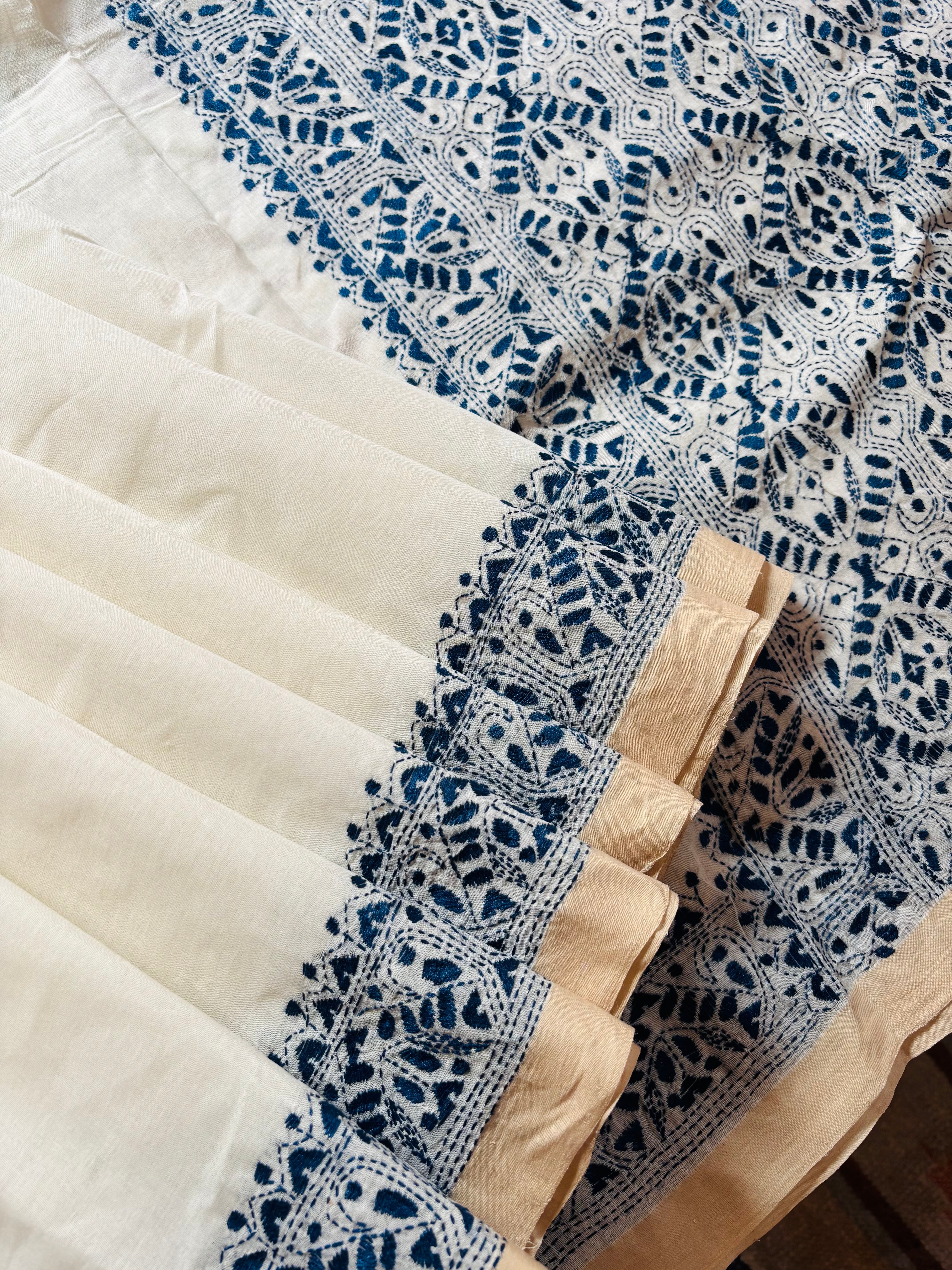 Handmade Offwhite Navy Cotton Kantha Saree