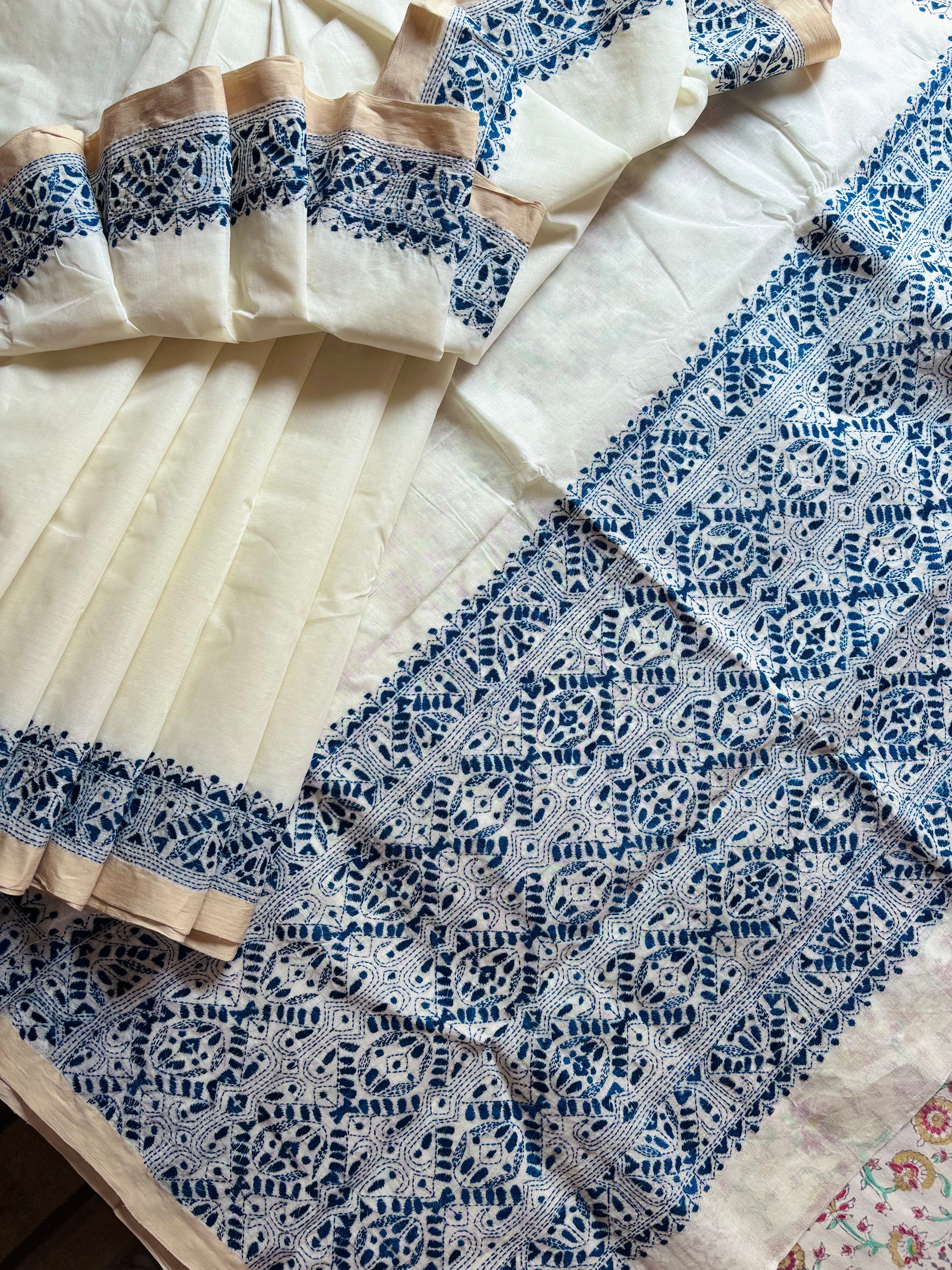 Handmade Offwhite Navy Cotton Kantha Saree
