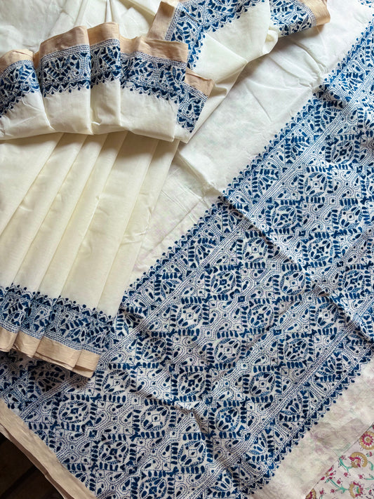 Handmade Offwhite Navy Cotton Kantha Saree