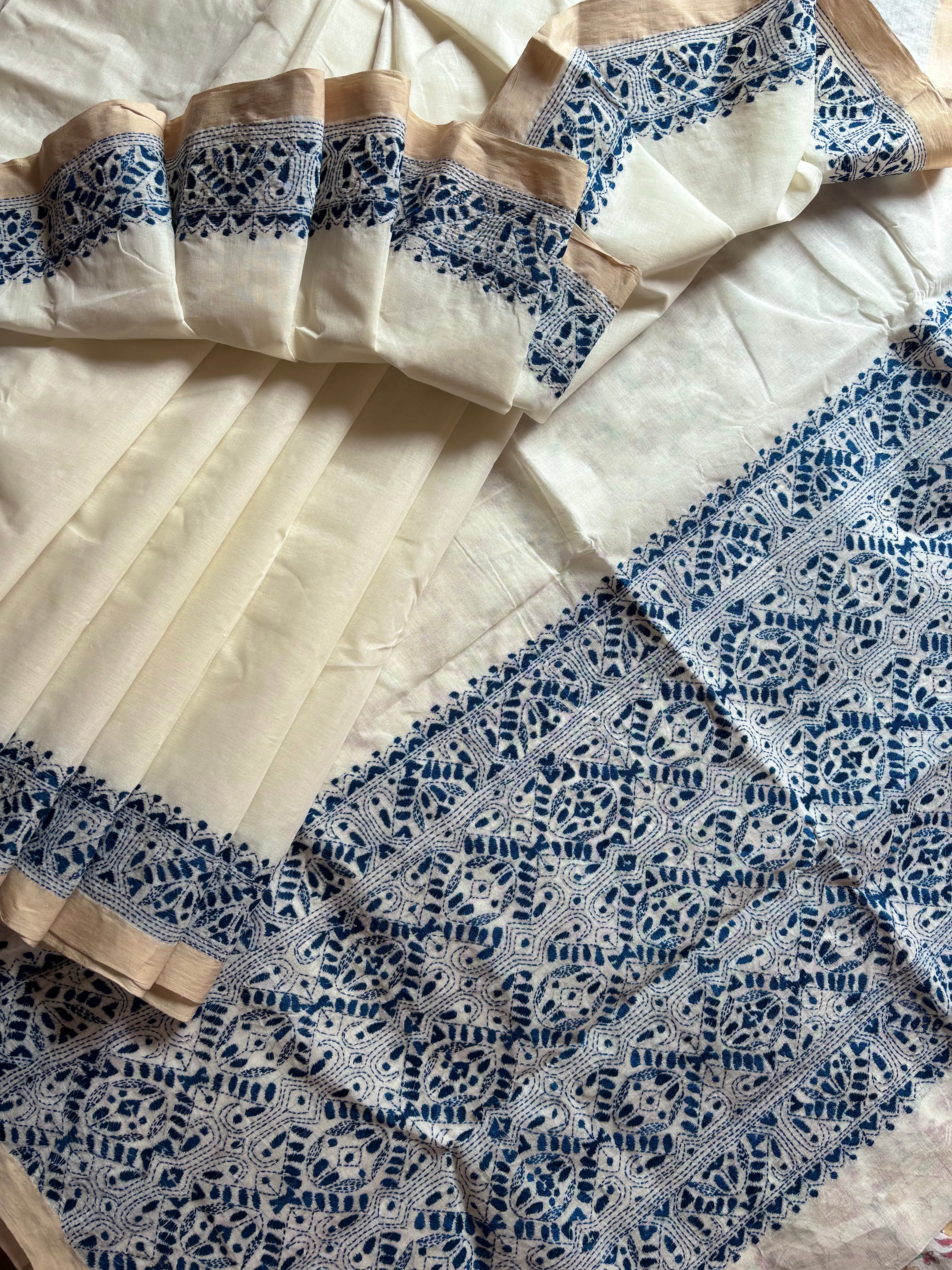 Handmade Offwhite Navy Cotton Kantha Saree
