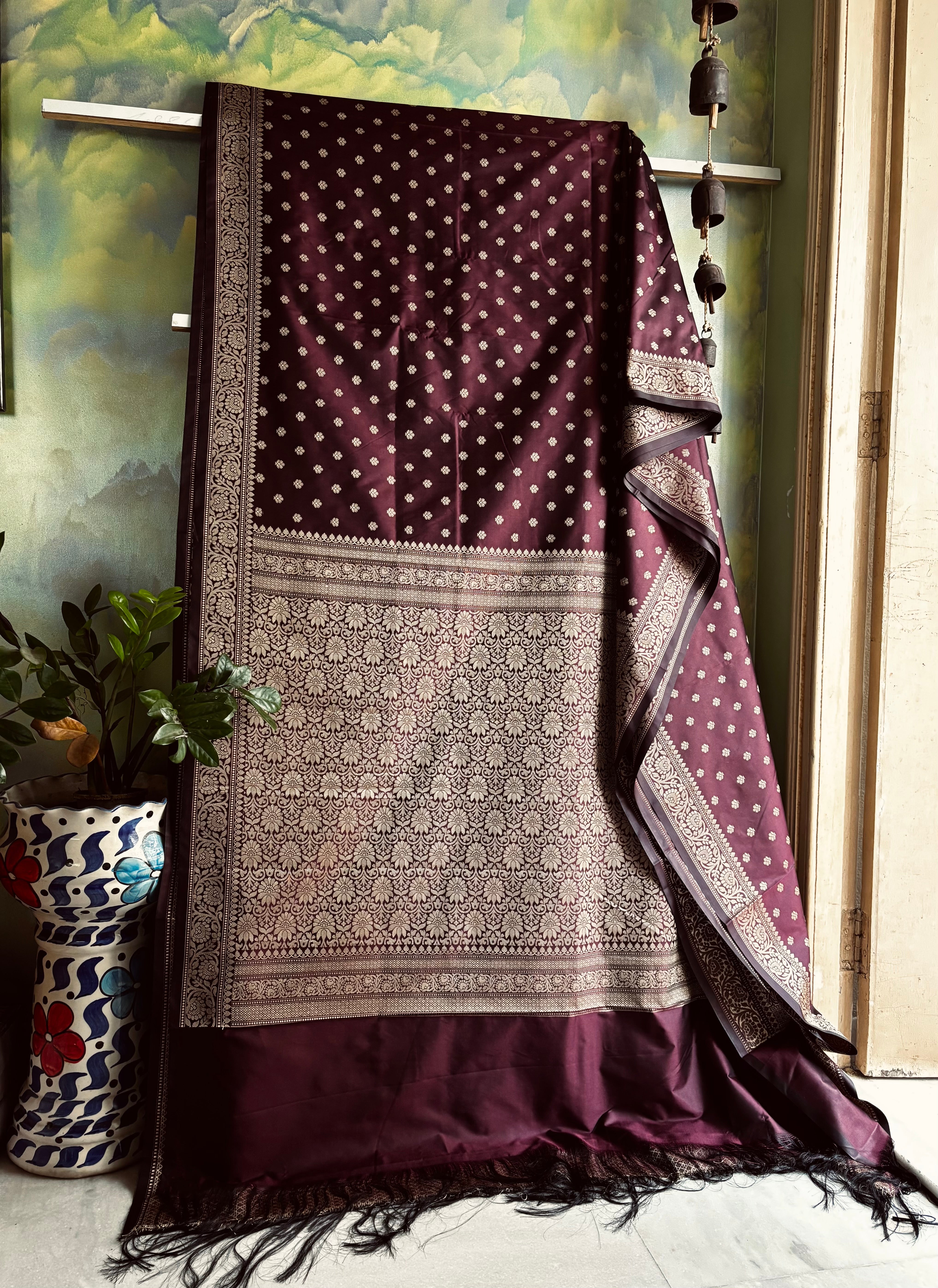 Dark Brown Colour Handwoven Semi Katan Saree