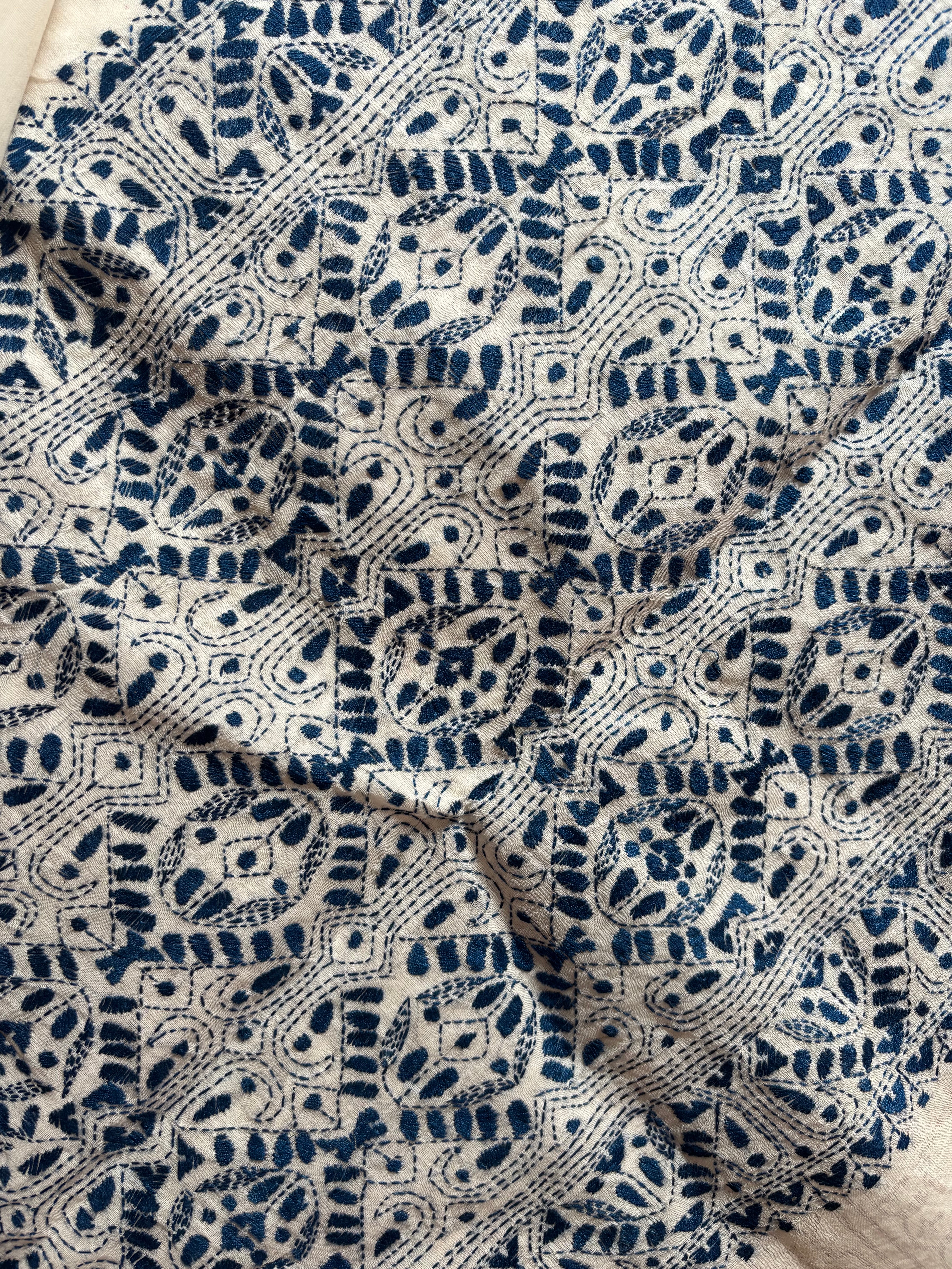 Handmade Offwhite Navy Cotton Kantha Saree