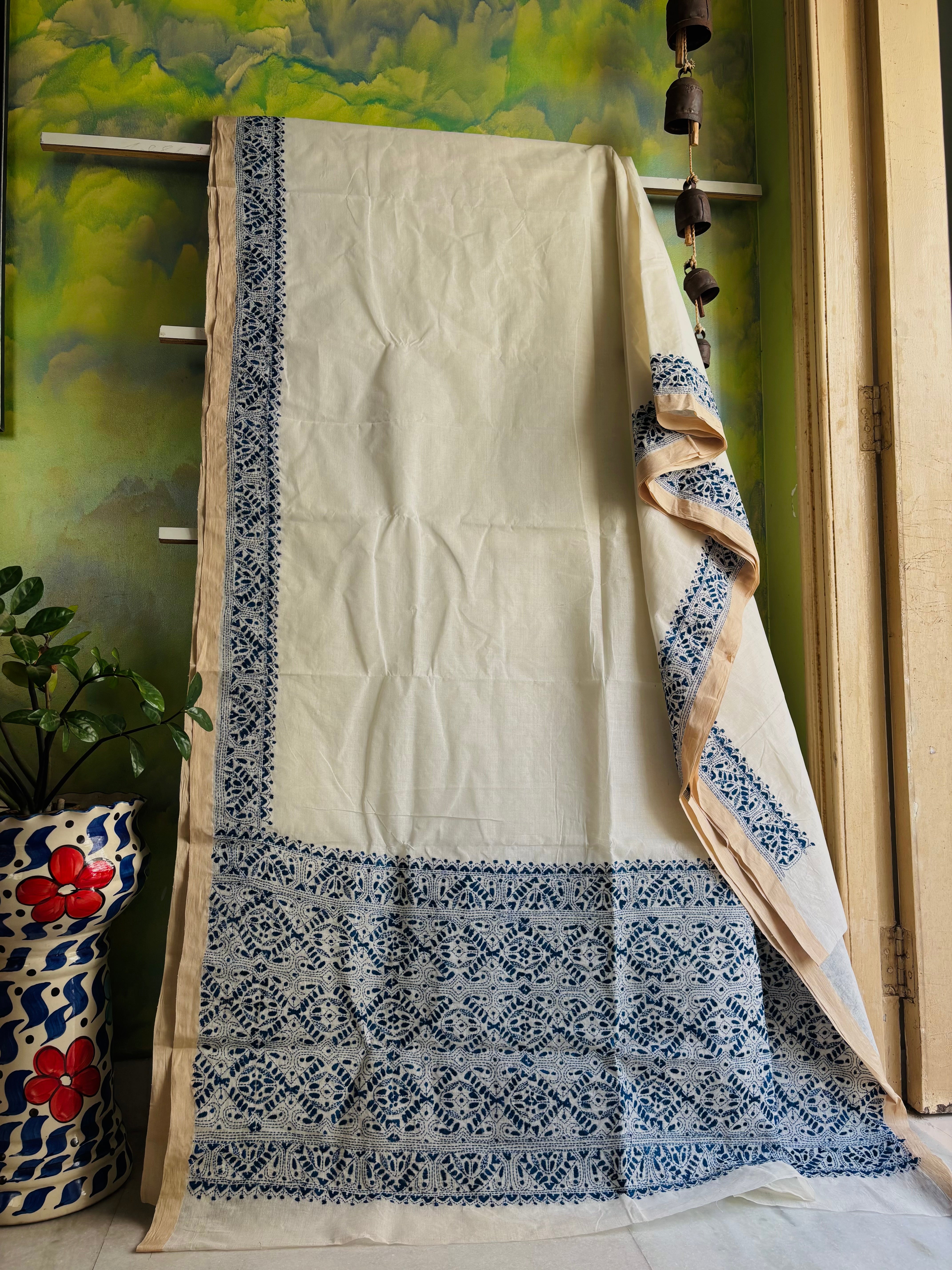 Handmade Offwhite Navy Cotton Kantha Saree