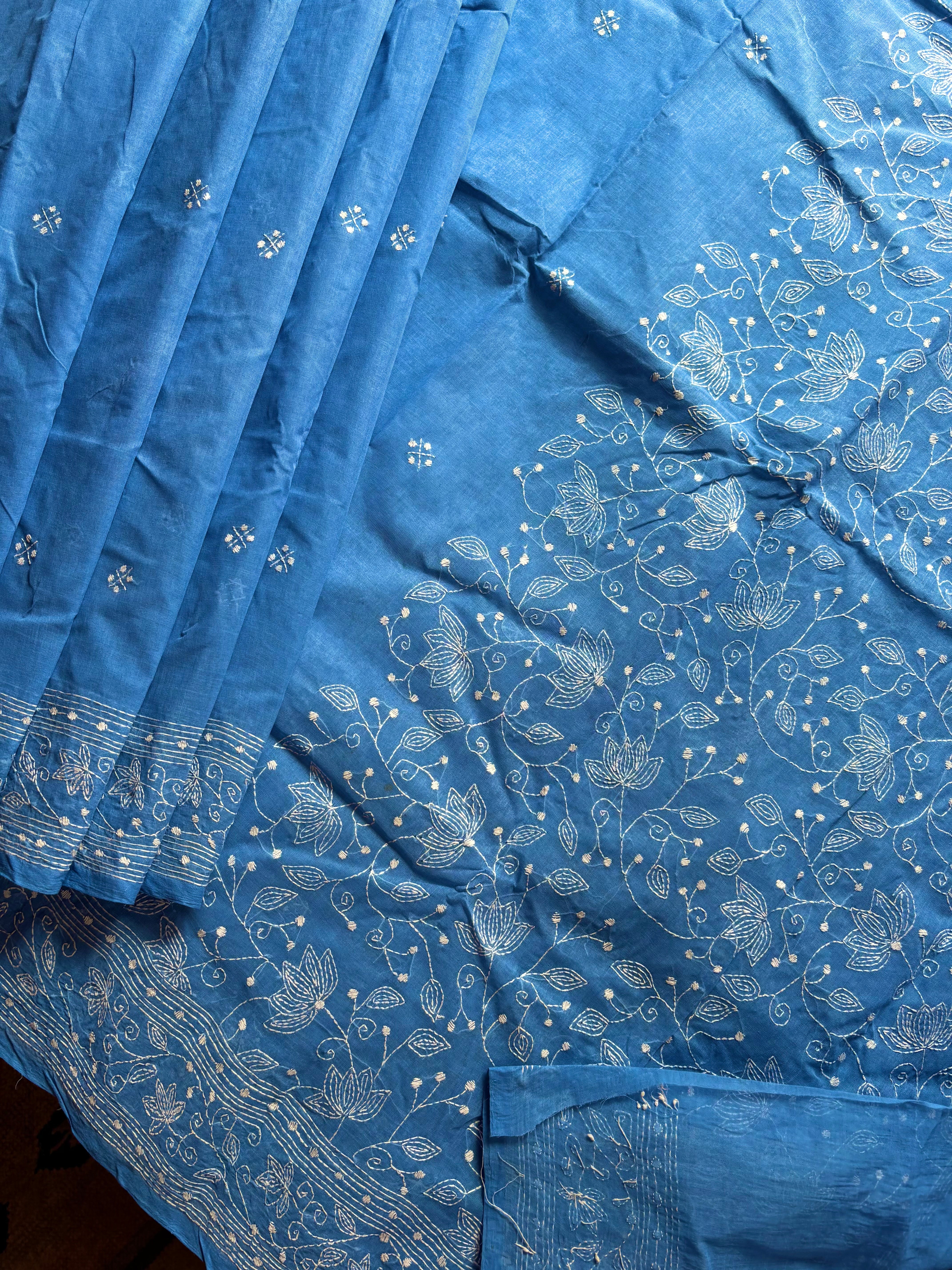 Handmade Sky Blue White Cotton Kantha Saree