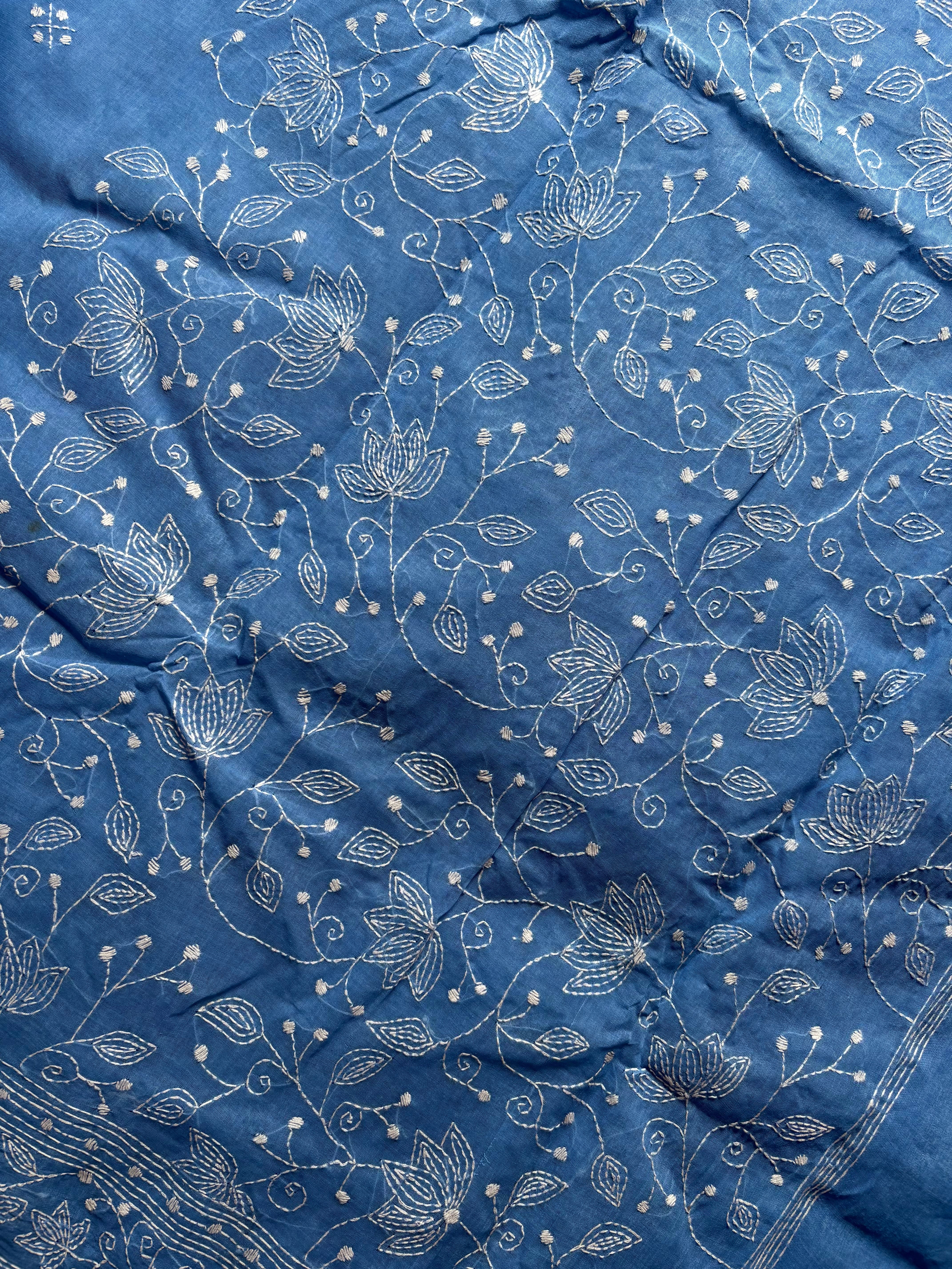 Handmade Sky Blue White Cotton Kantha Saree