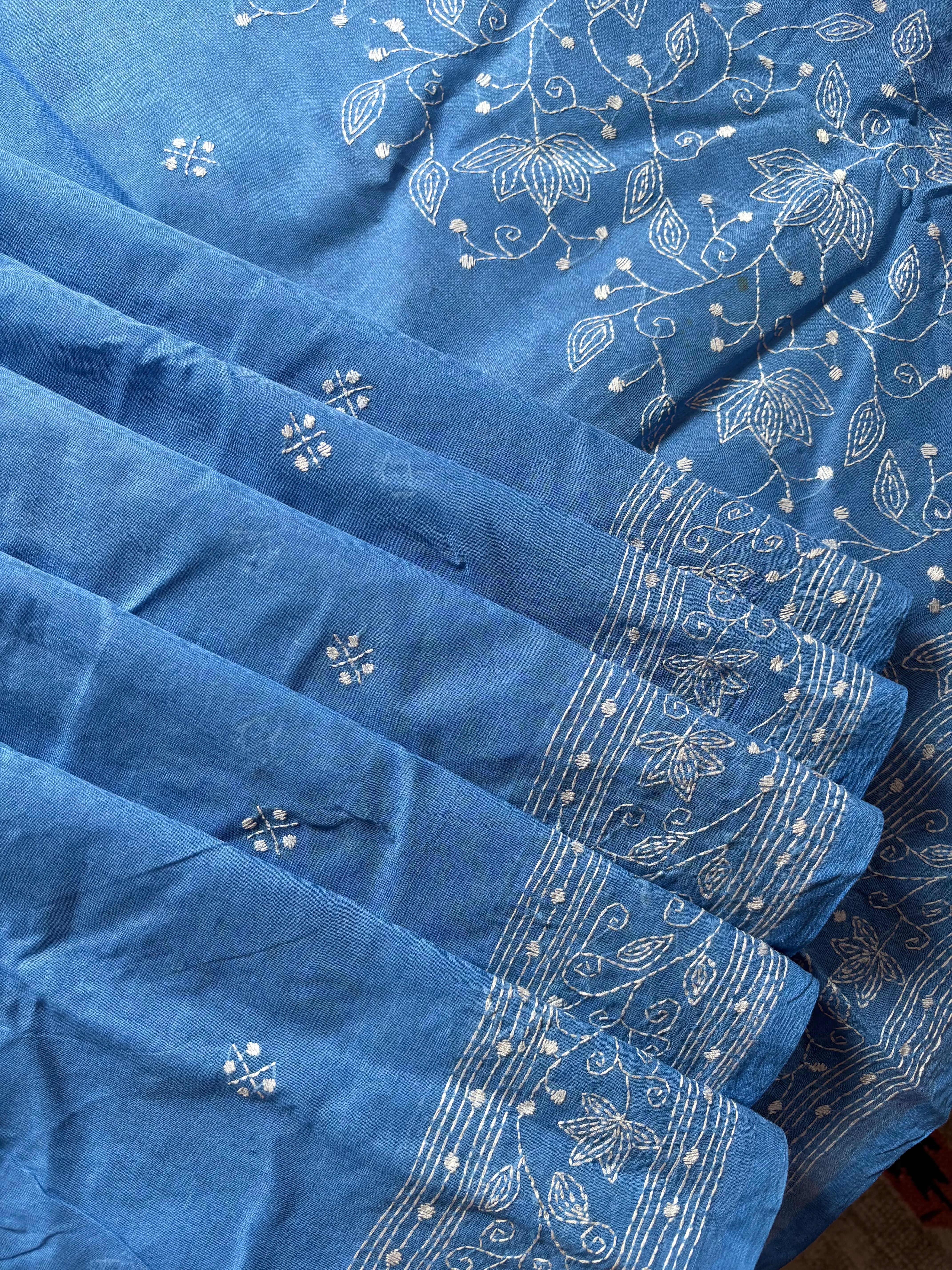 Handmade Sky Blue White Cotton Kantha Saree
