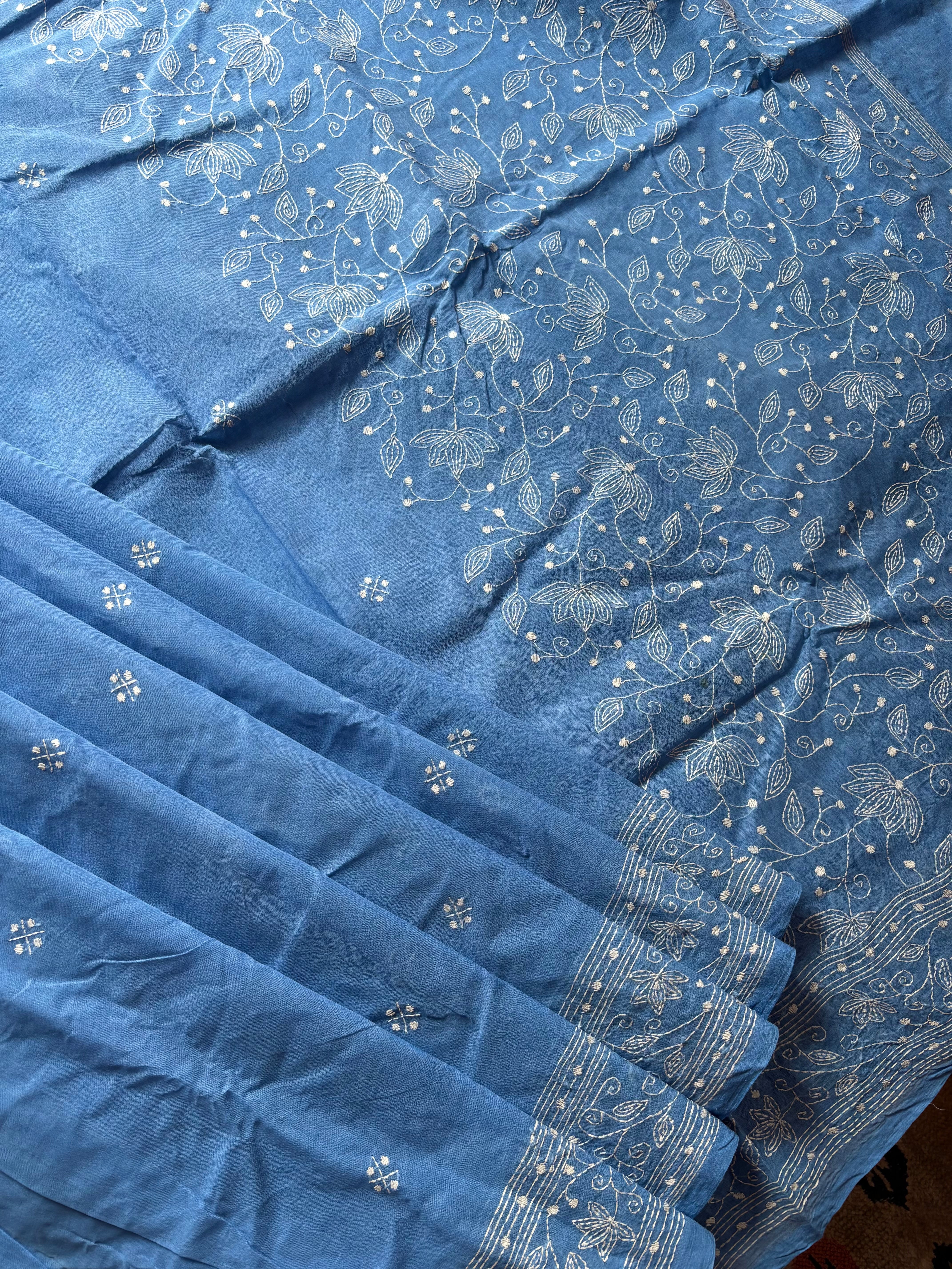 Handmade Sky Blue White Cotton Kantha Saree