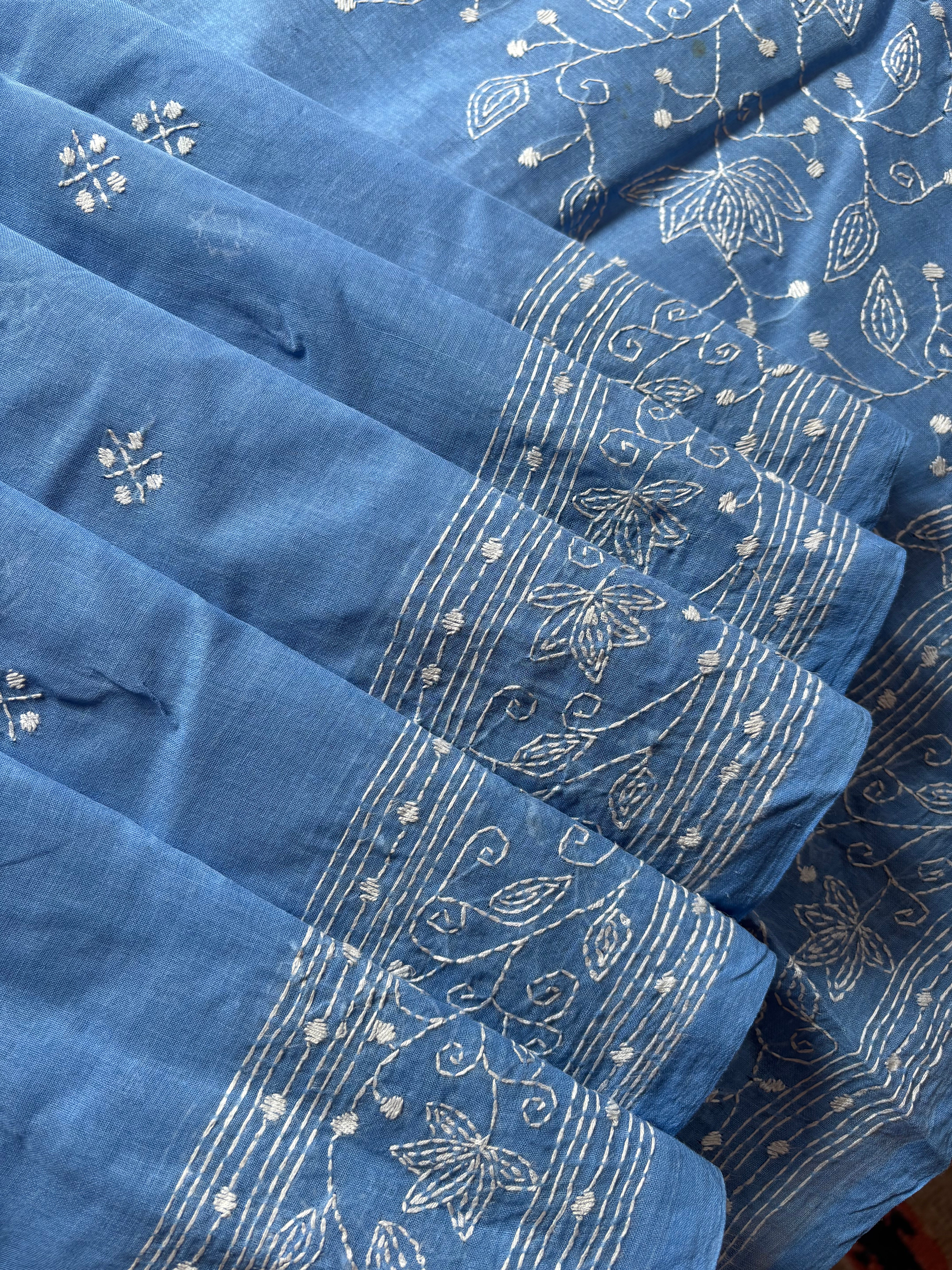Handmade Sky Blue White Cotton Kantha Saree