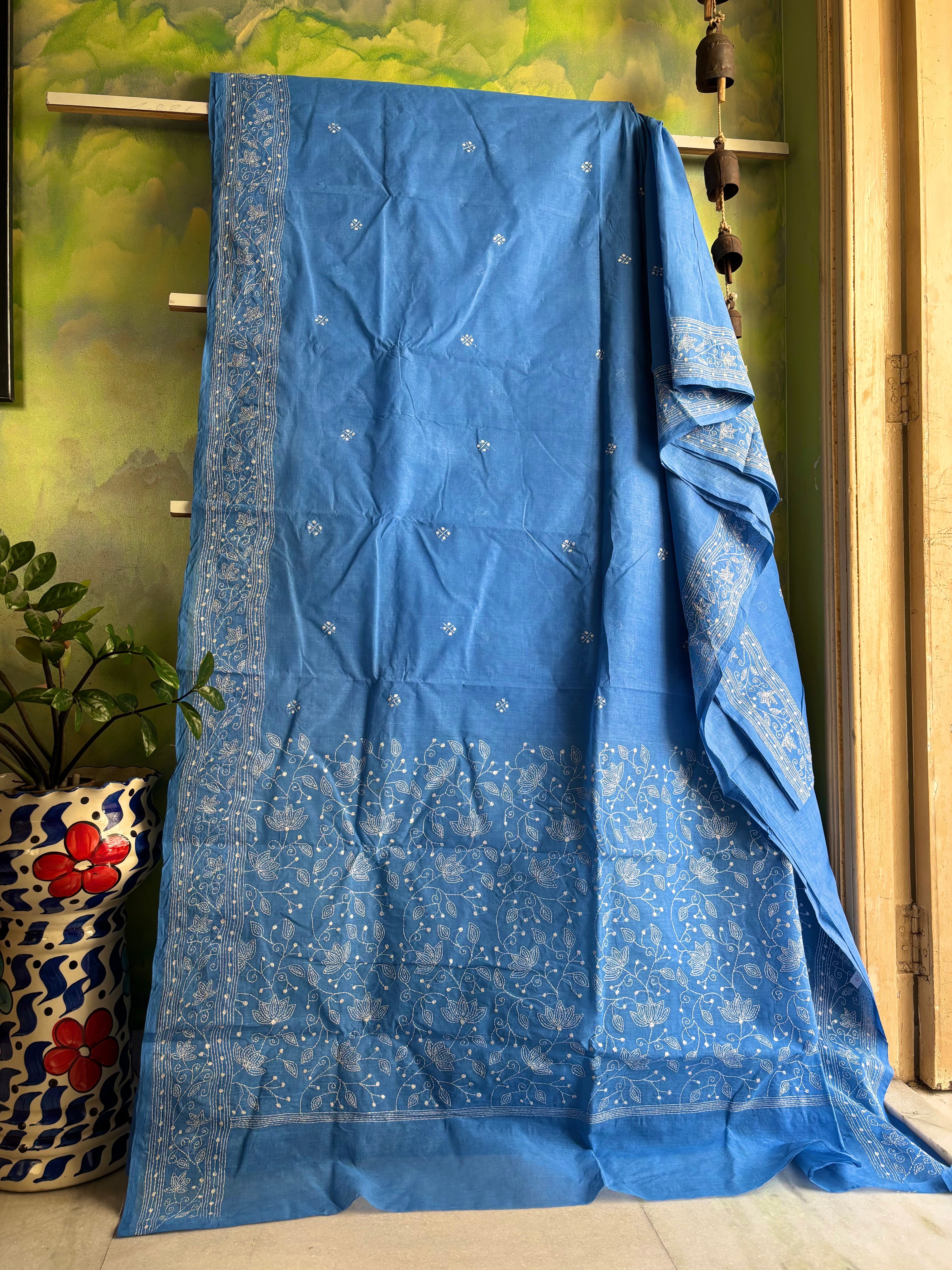 Handmade Sky Blue White Cotton Kantha Saree