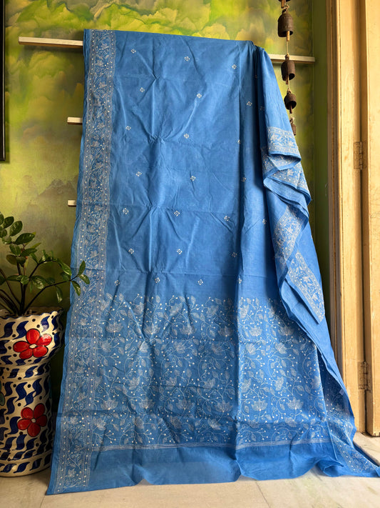 Handmade Sky Blue White Cotton Kantha Saree