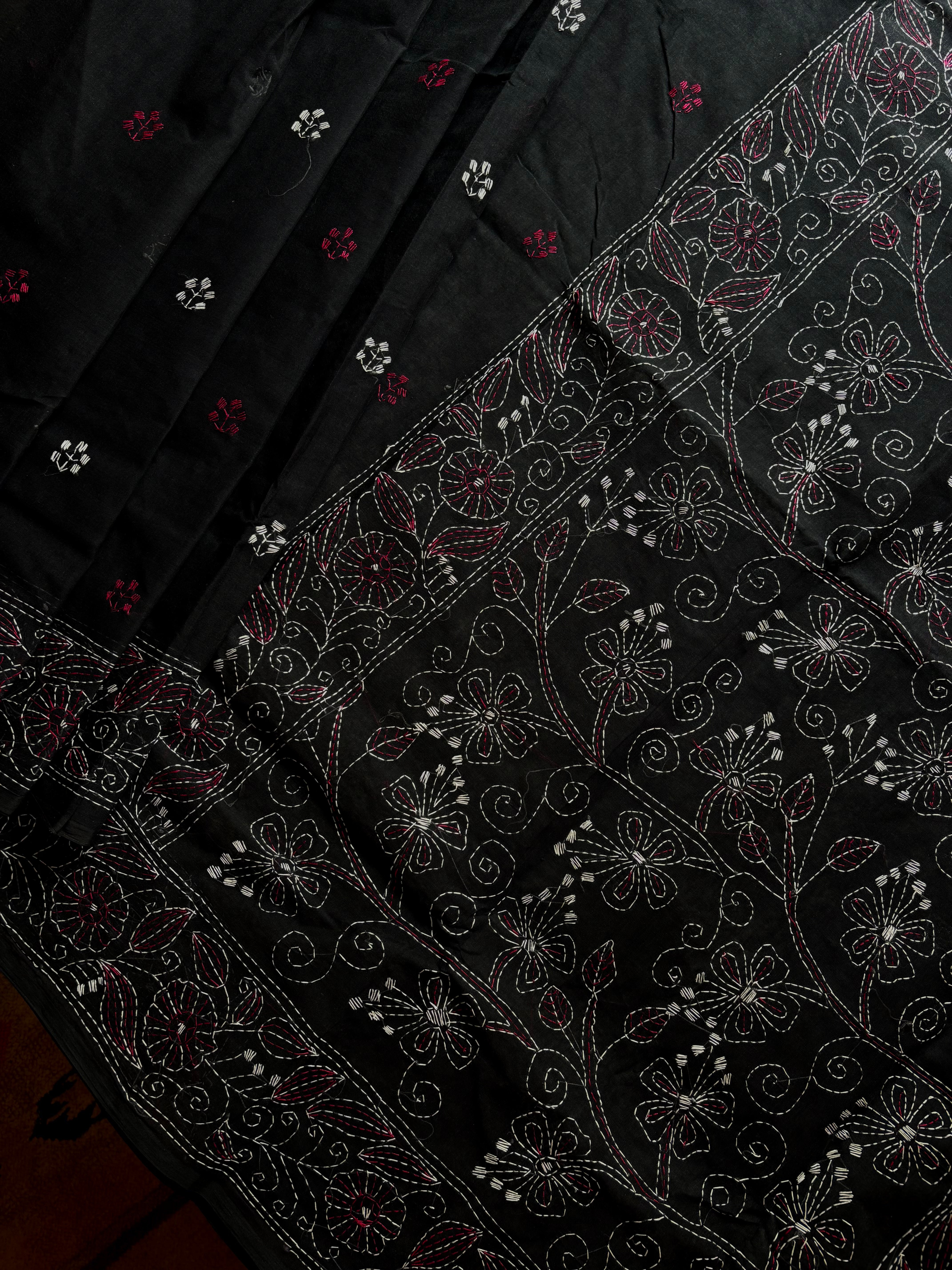 Handmade Black Rani Cotton Kantha Saree