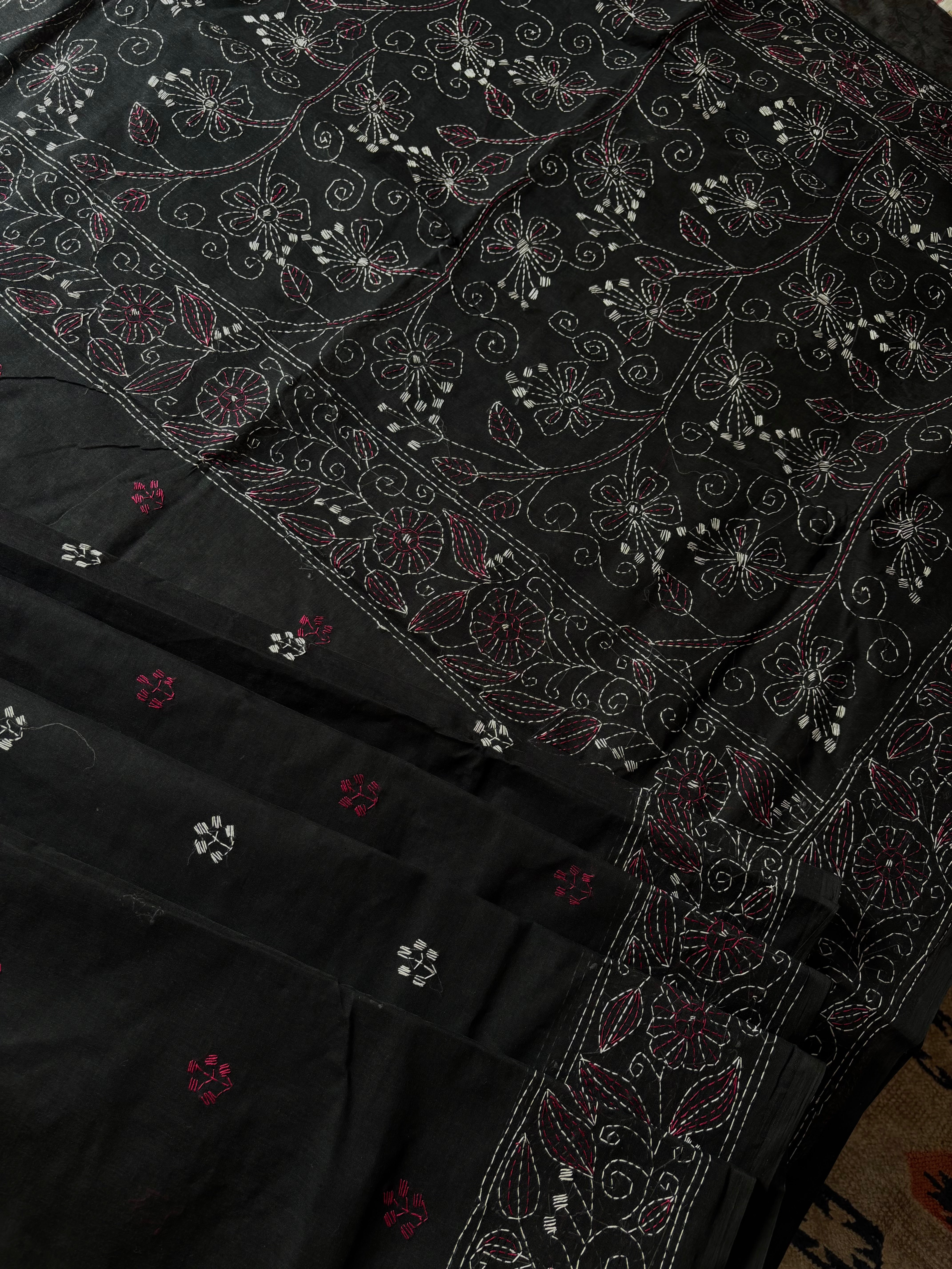 Handmade Black Rani Cotton Kantha Saree