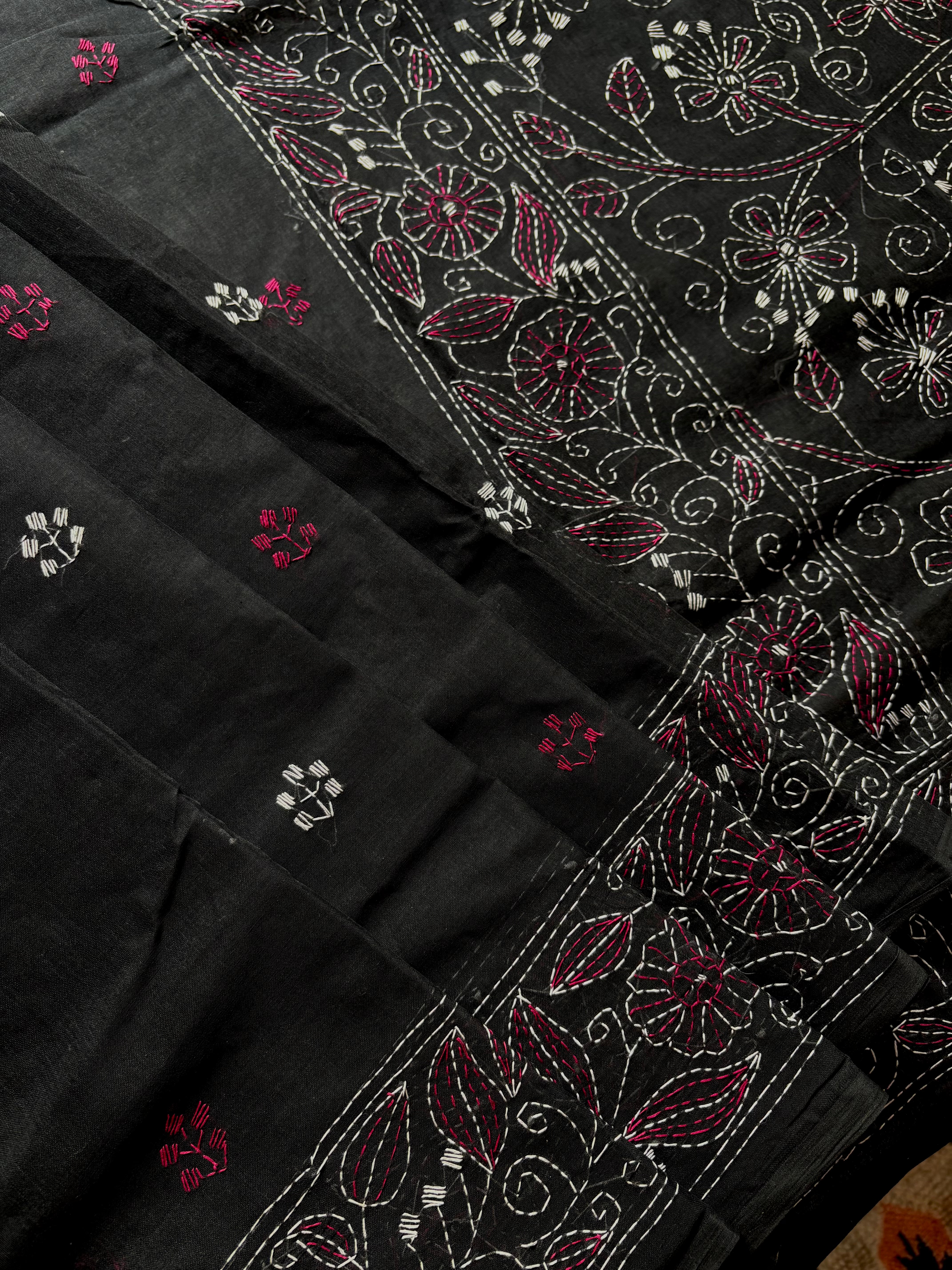 Handmade Black Rani Cotton Kantha Saree
