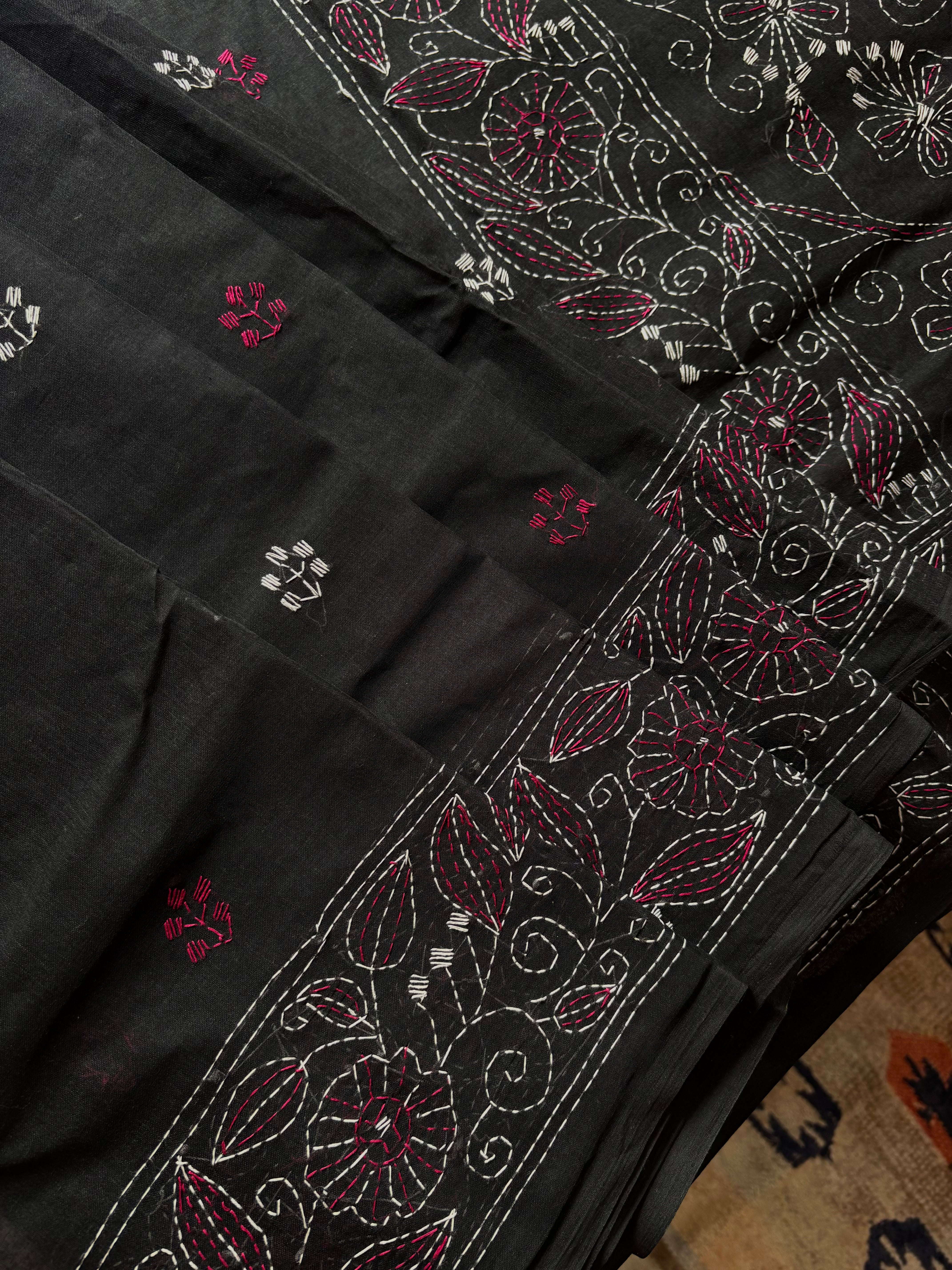 Handmade Black Rani Cotton Kantha Saree