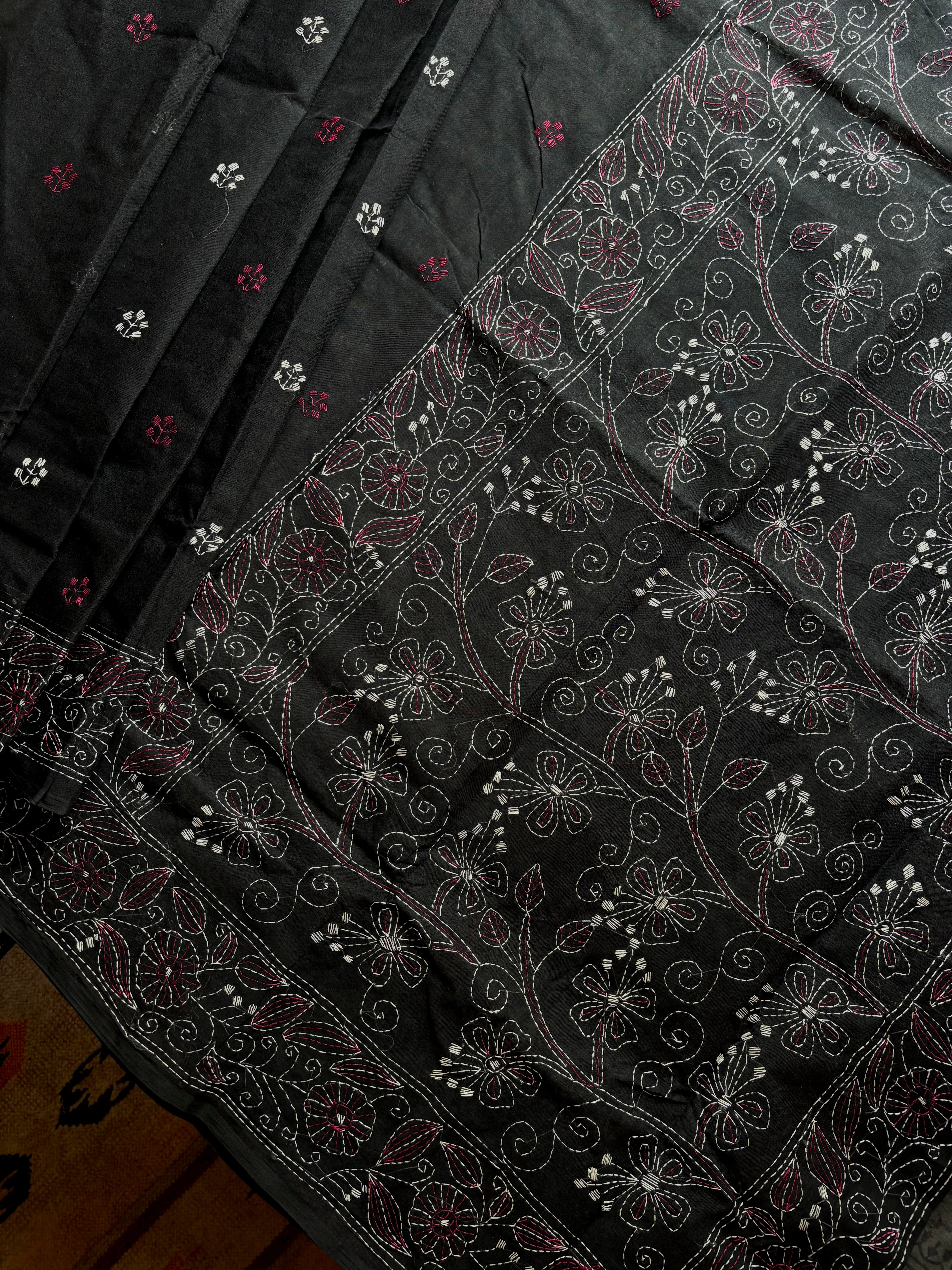 Handmade Black Rani Cotton Kantha Saree