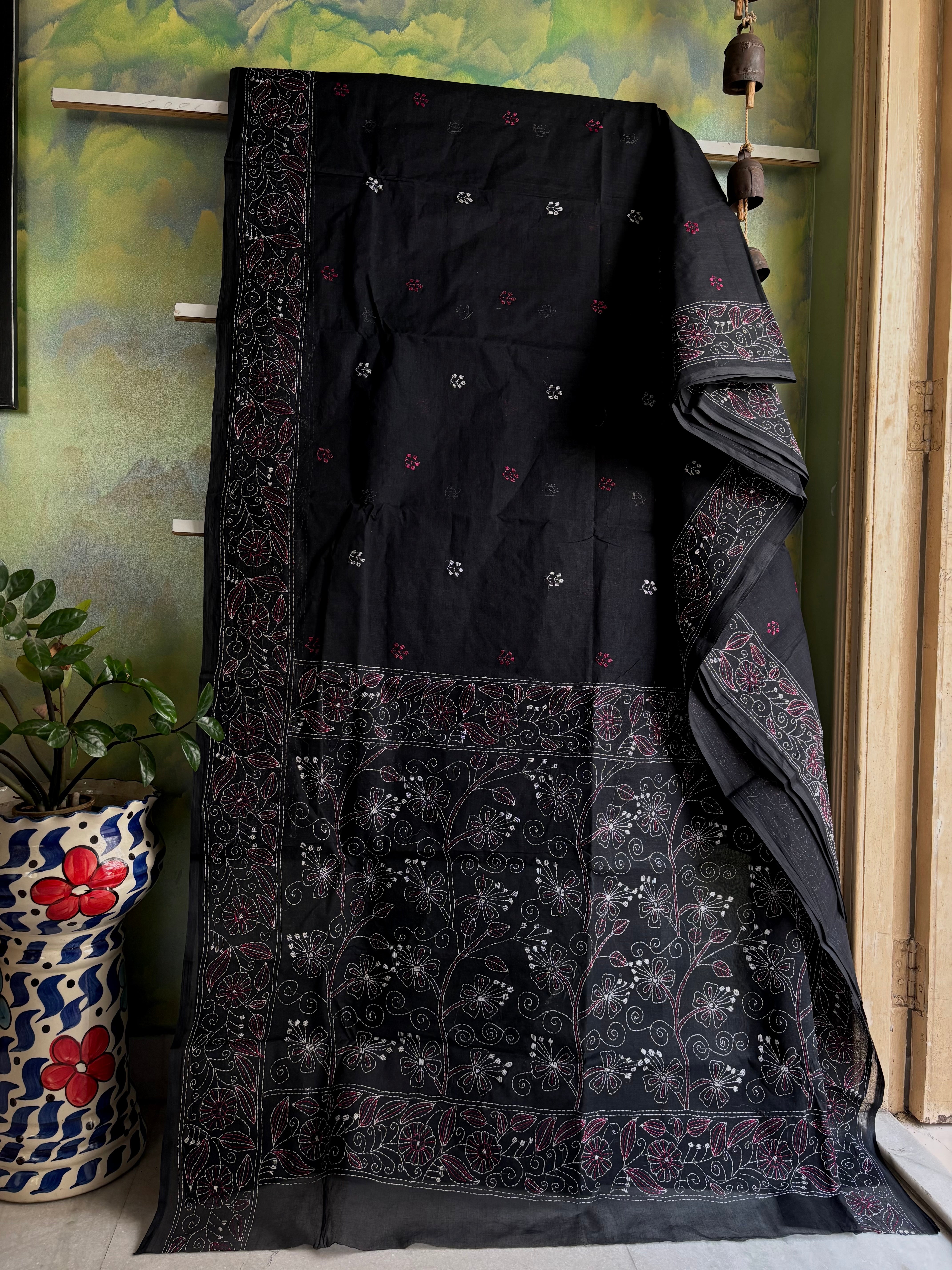 Handmade Black Rani Cotton Kantha Saree