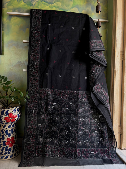 Handmade Black Rani Cotton Kantha Saree
