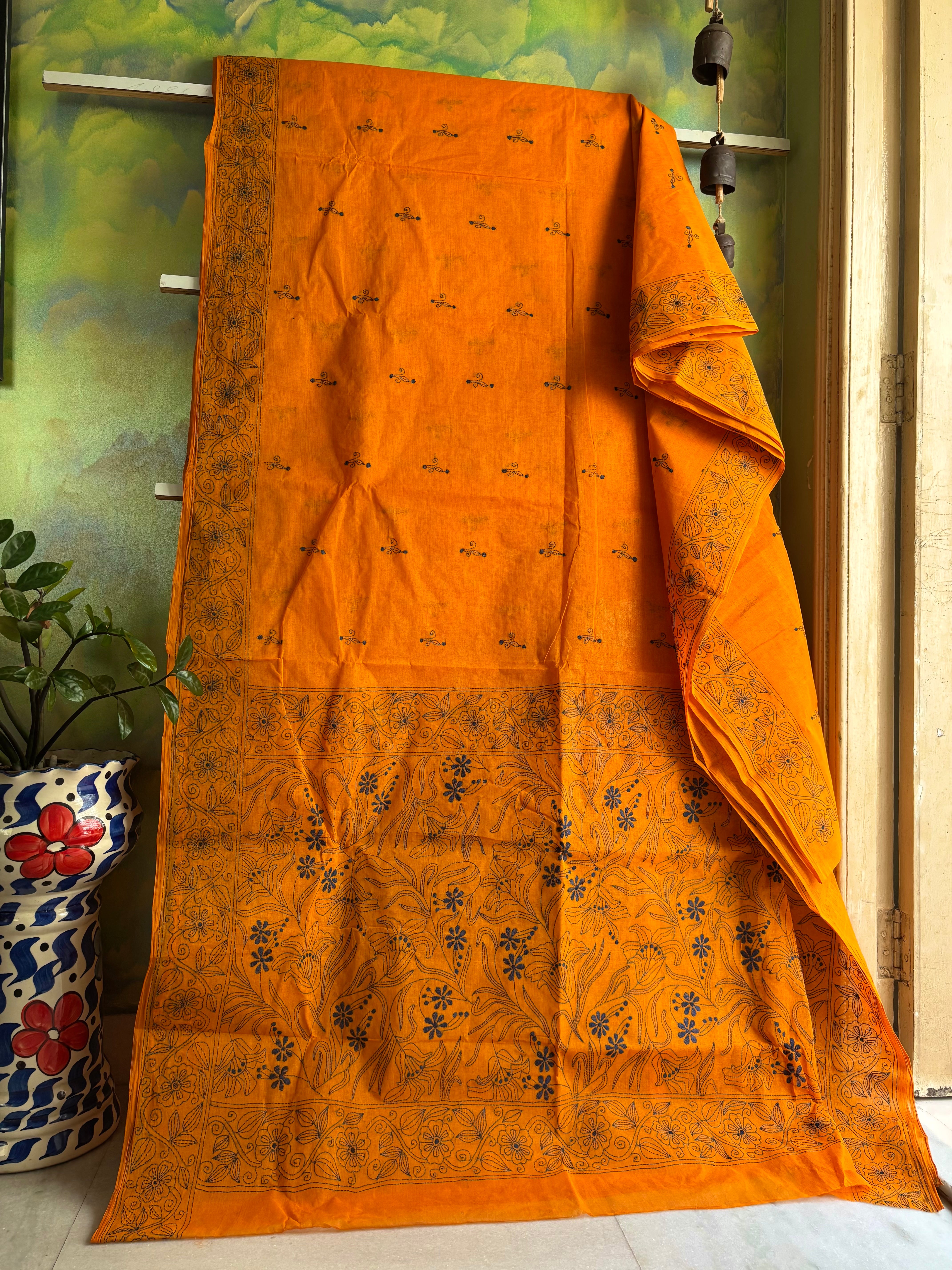 Handmade Yellowish Orange Cotton Kantha Saree