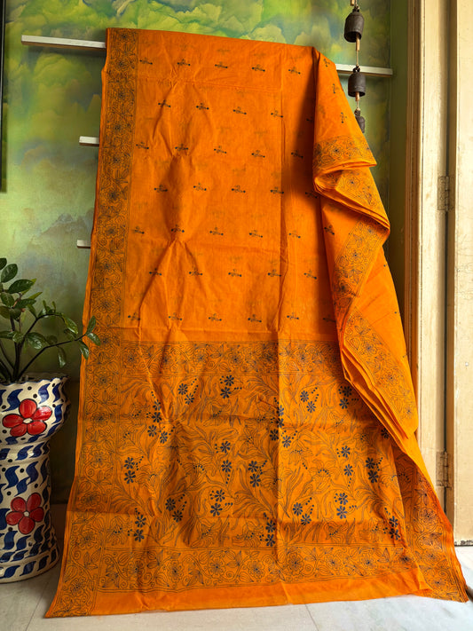Handmade Yellowish Orange Cotton Kantha Saree