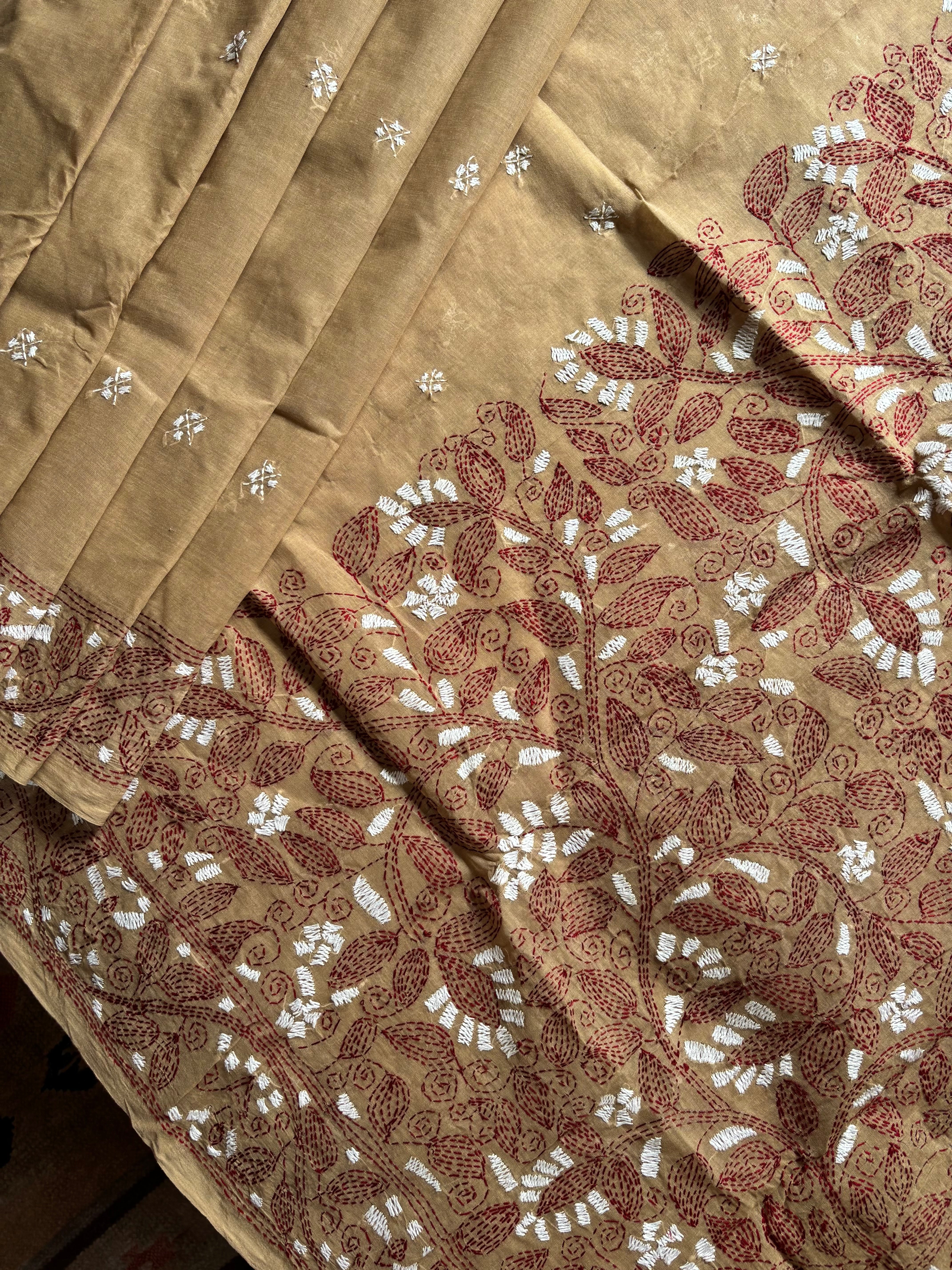 Handmade Mud Colour Cotton Kantha Saree