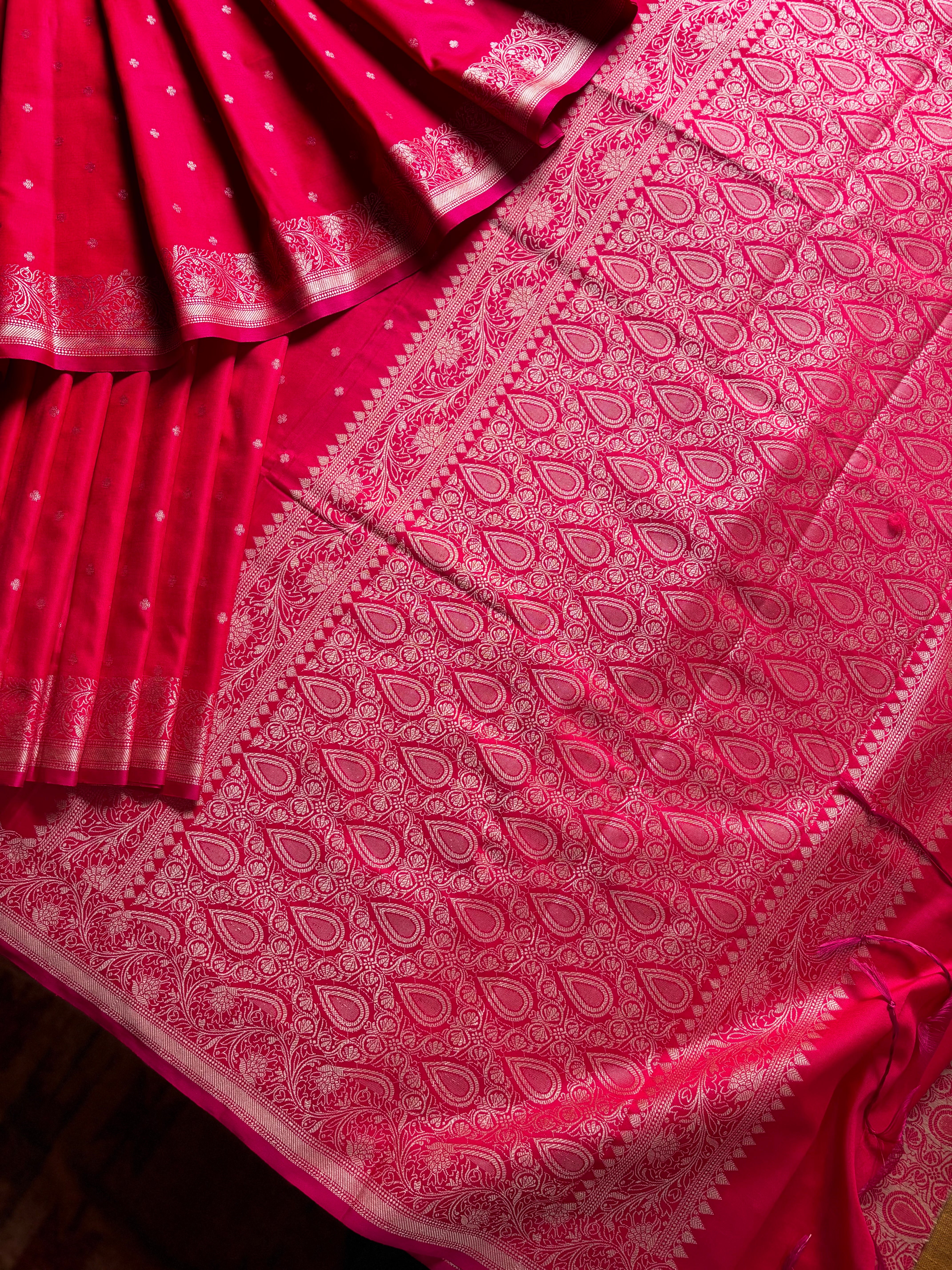 Red Pink Dual Toned Semi Katan Saree