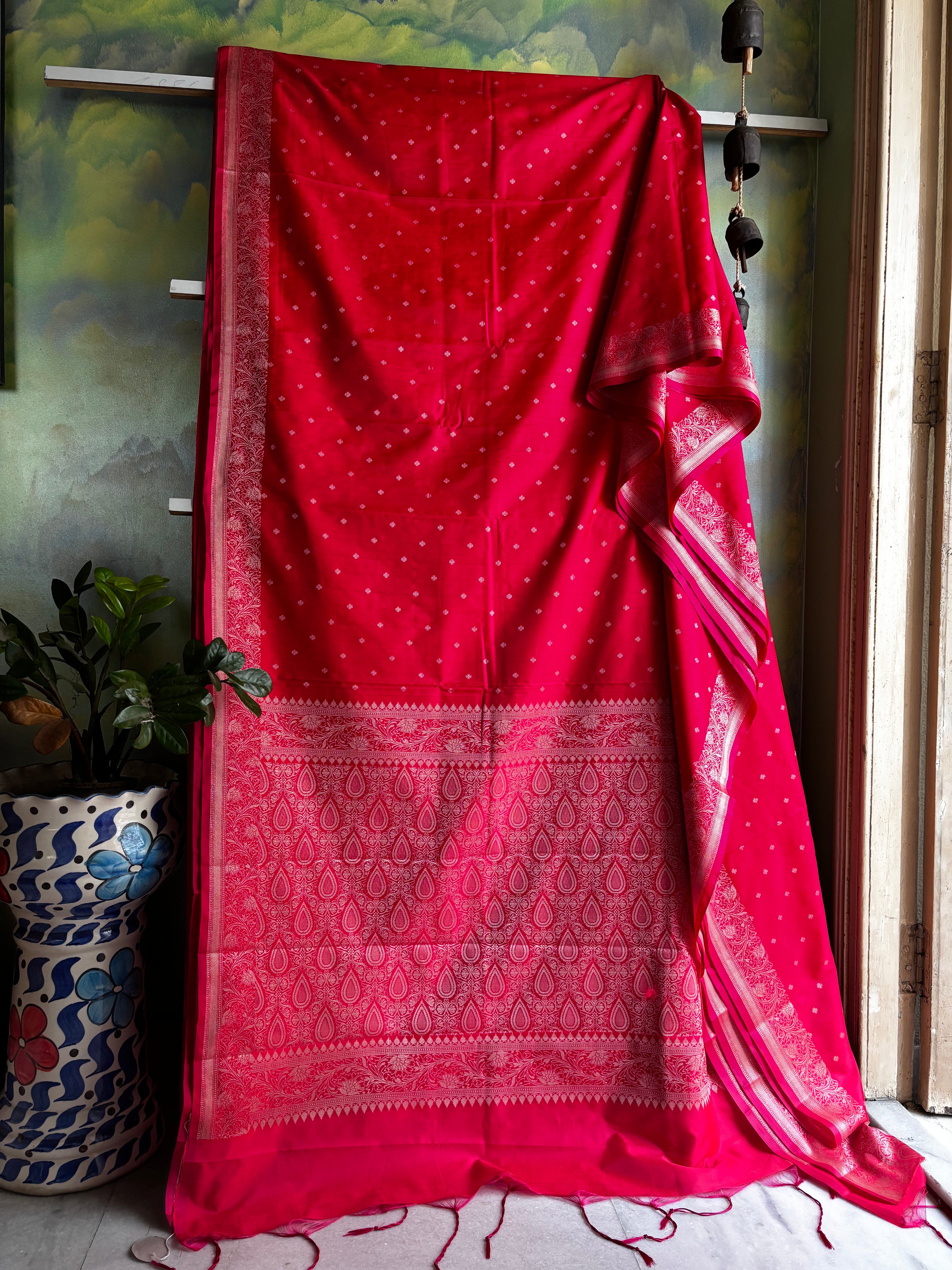 Red Pink Dual Toned Semi Katan Saree