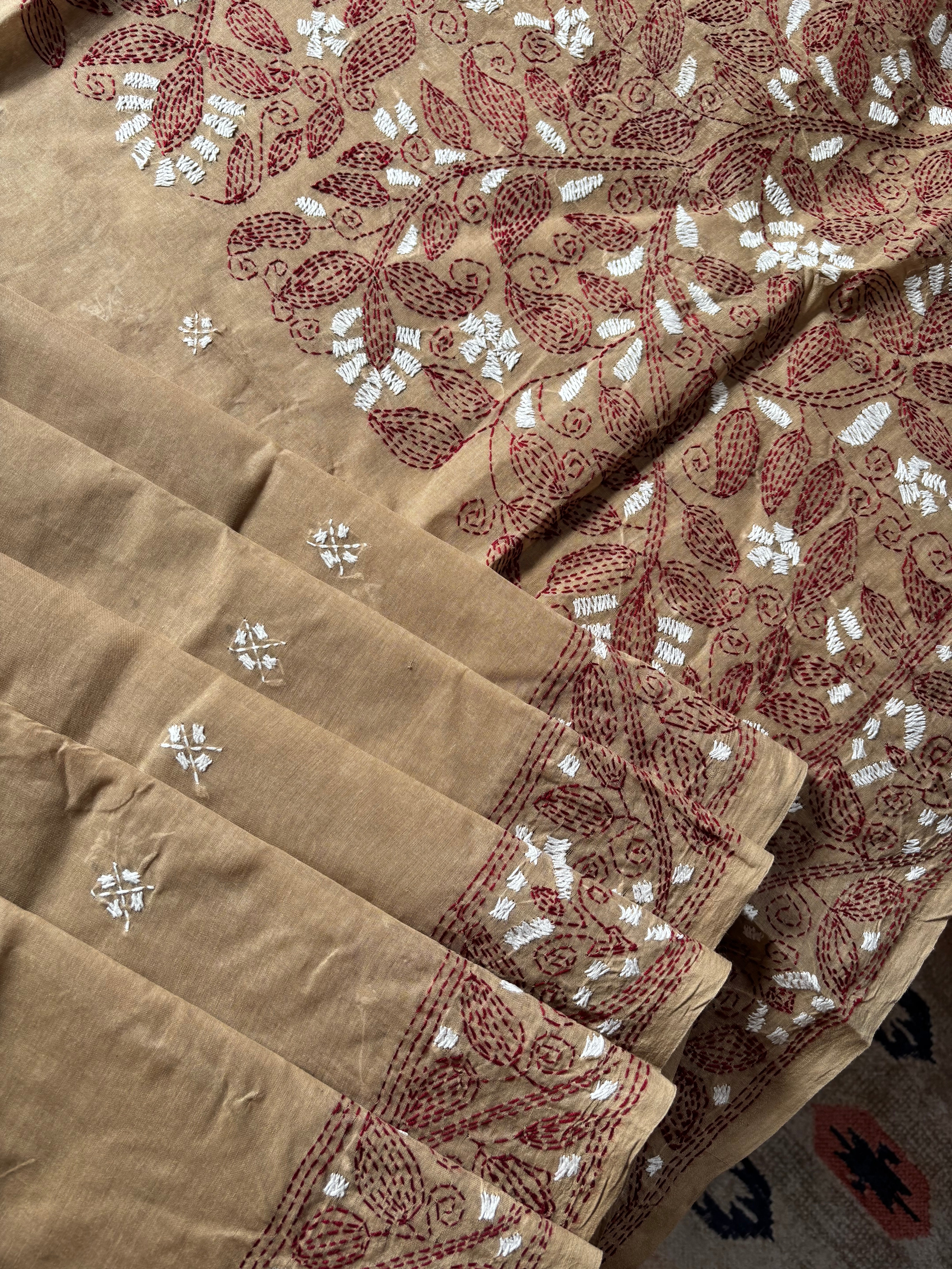 Handmade Mud Colour Cotton Kantha Saree