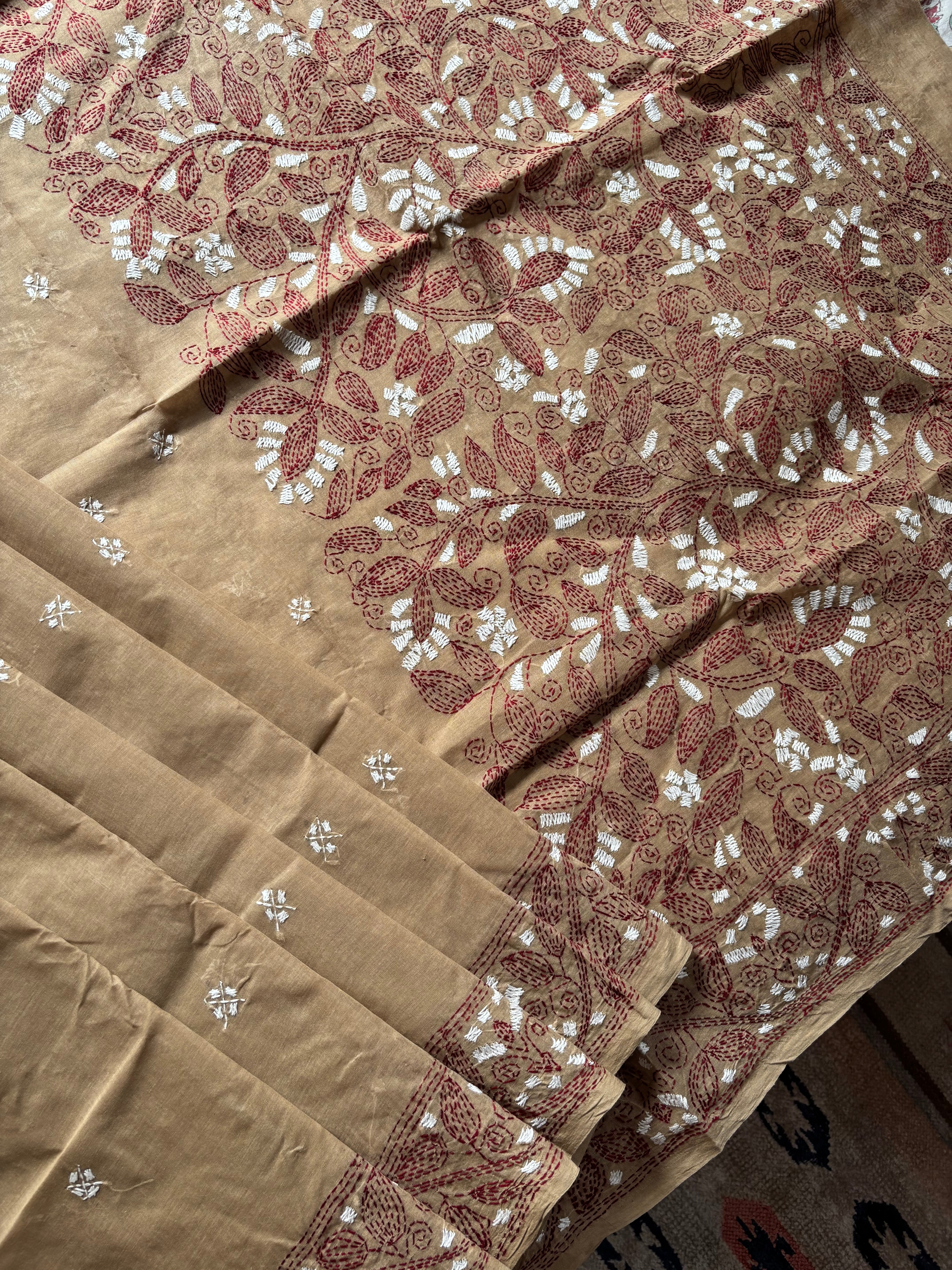 Handmade Mud Colour Cotton Kantha Saree