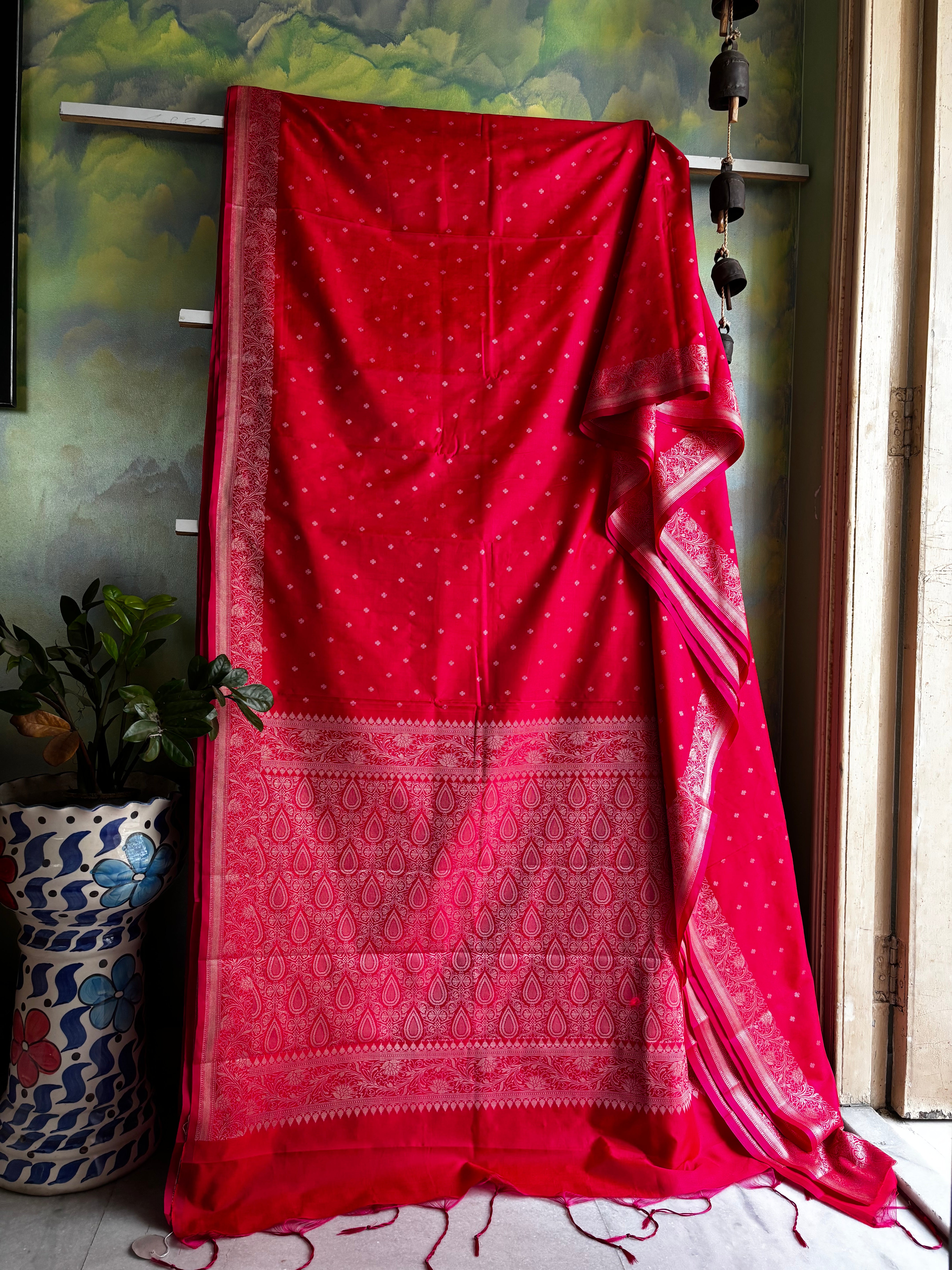Red Pink Dual Toned Semi Katan Saree