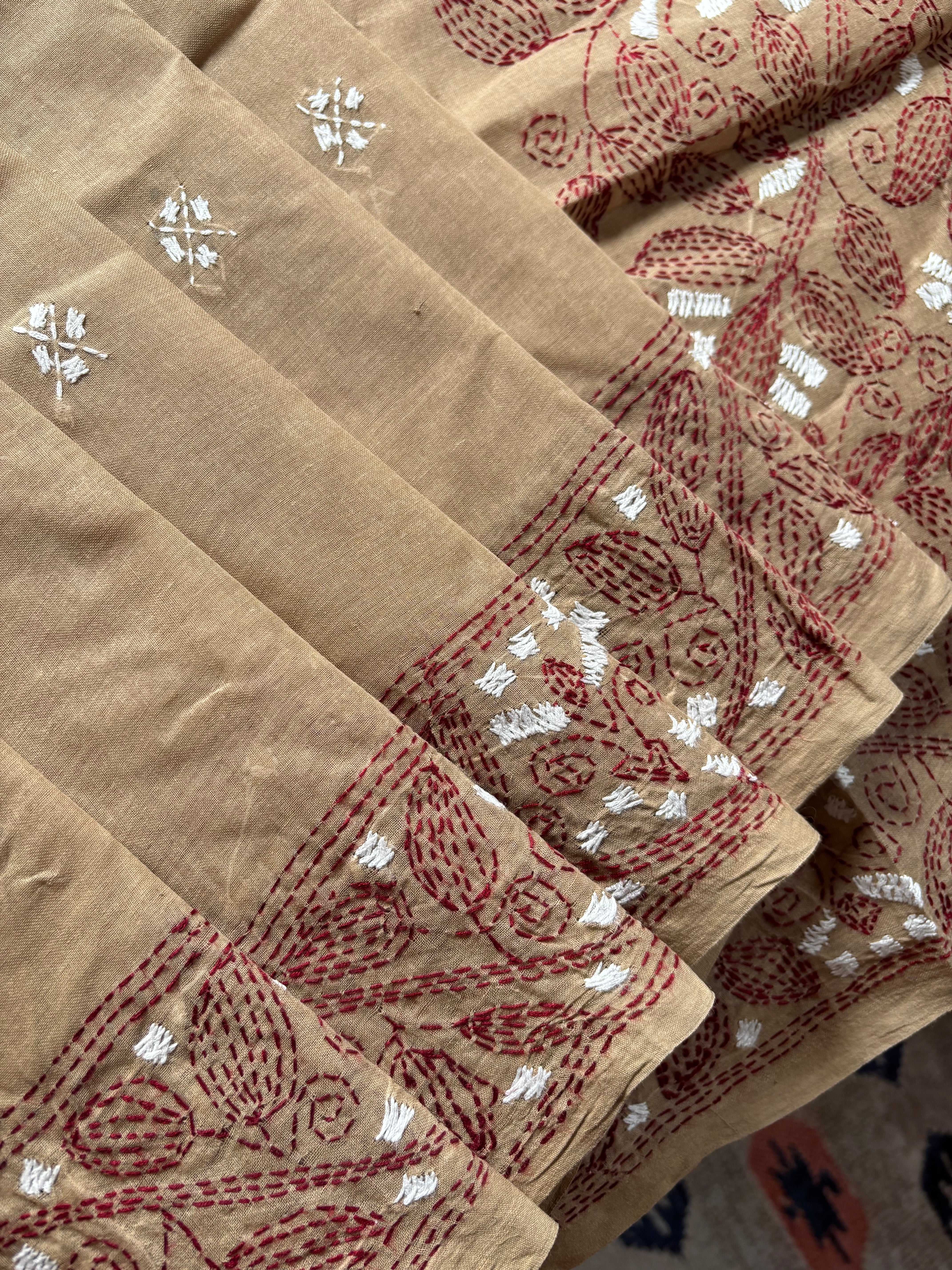 Handmade Mud Colour Cotton Kantha Saree