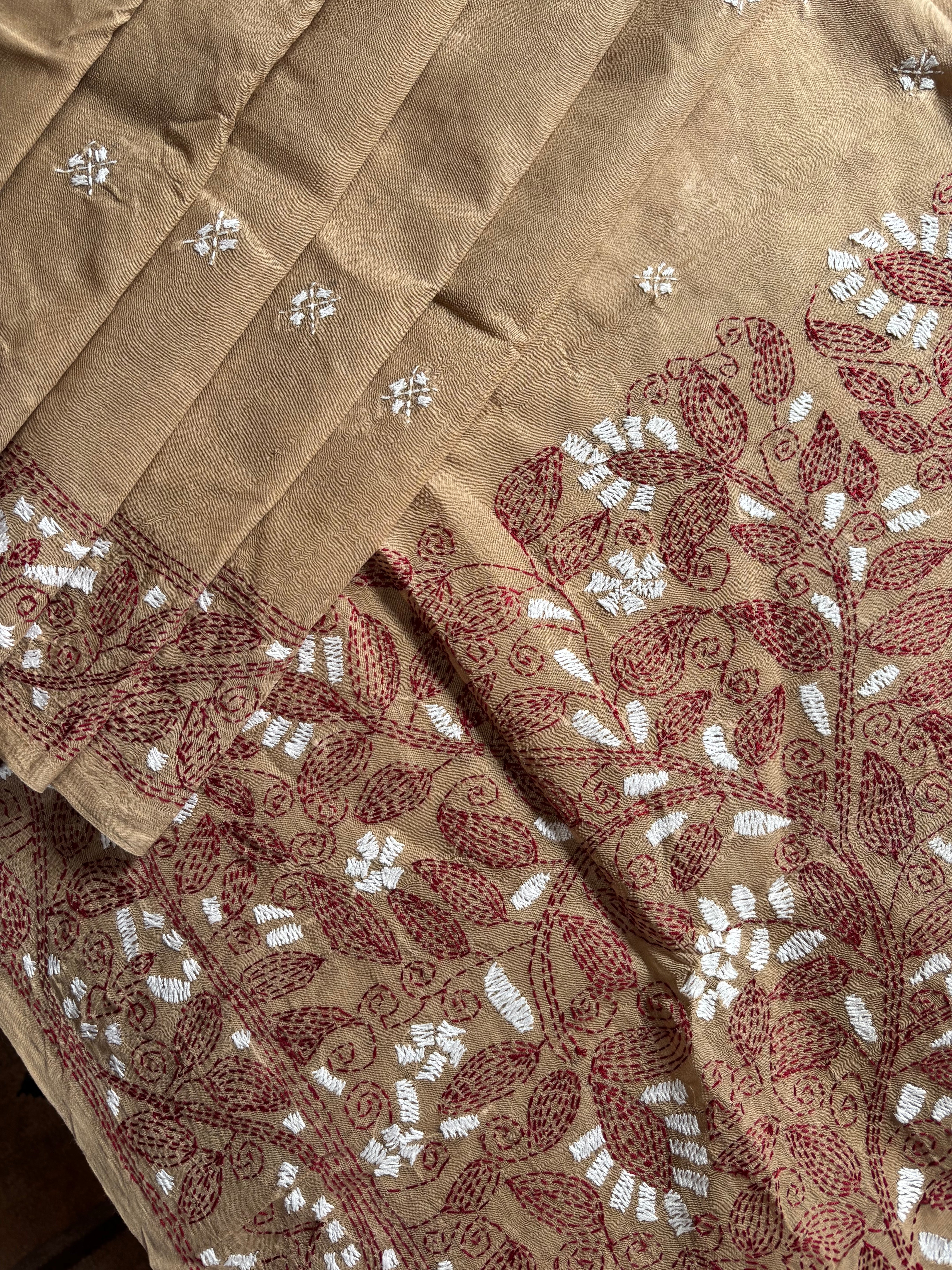 Handmade Mud Colour Cotton Kantha Saree