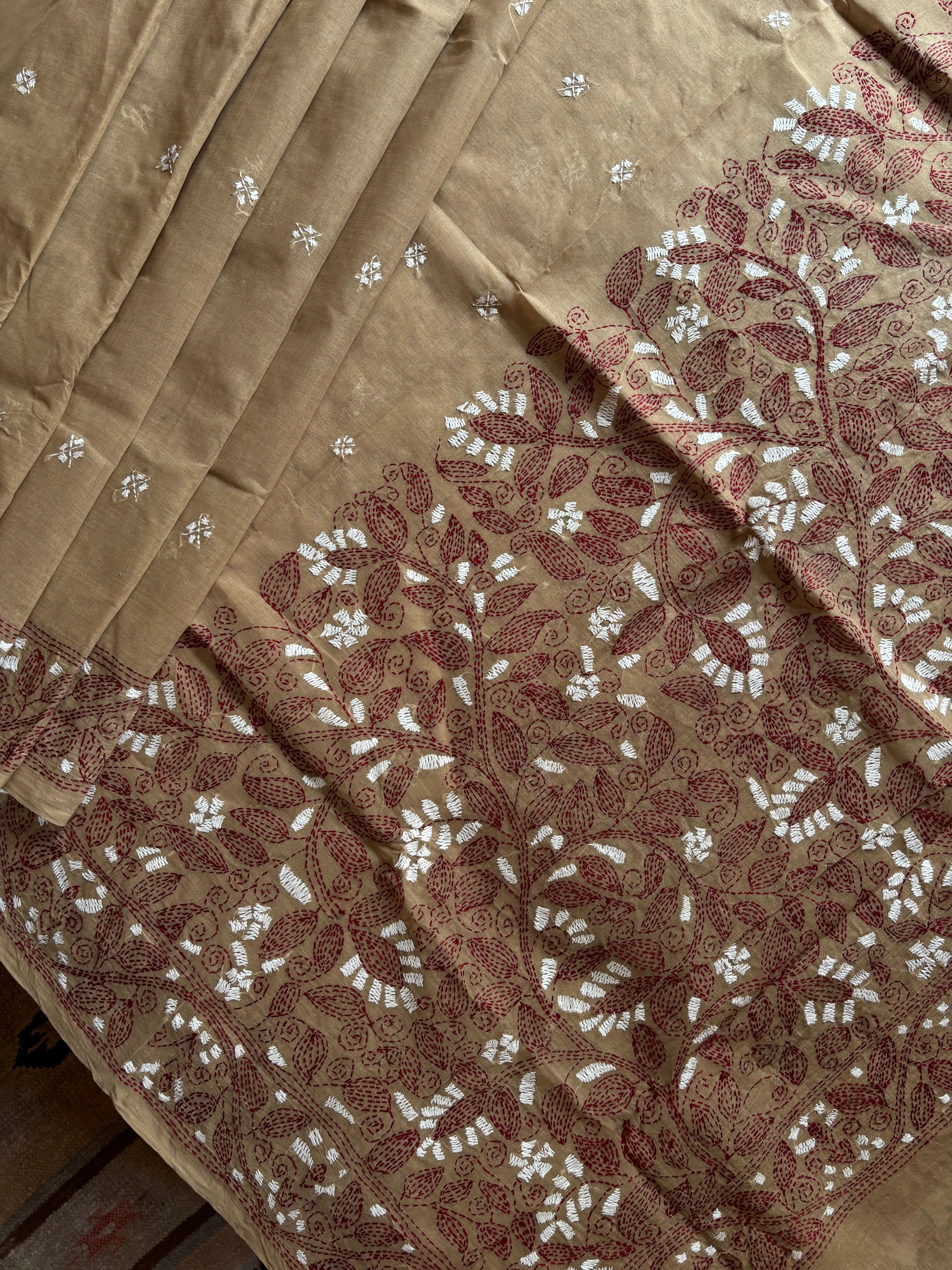 Handmade Mud Colour Cotton Kantha Saree