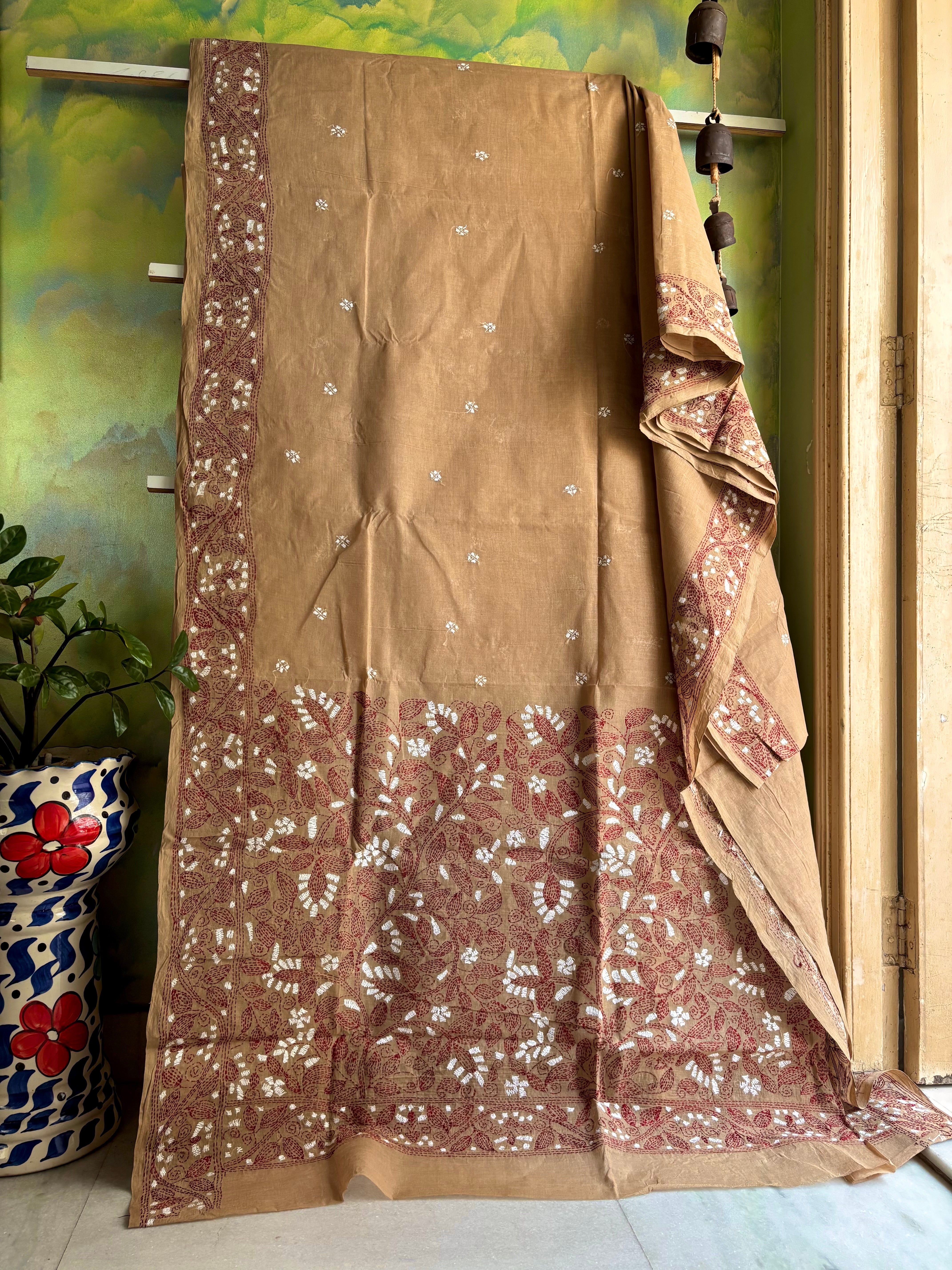 Handmade Mud Colour Cotton Kantha Saree