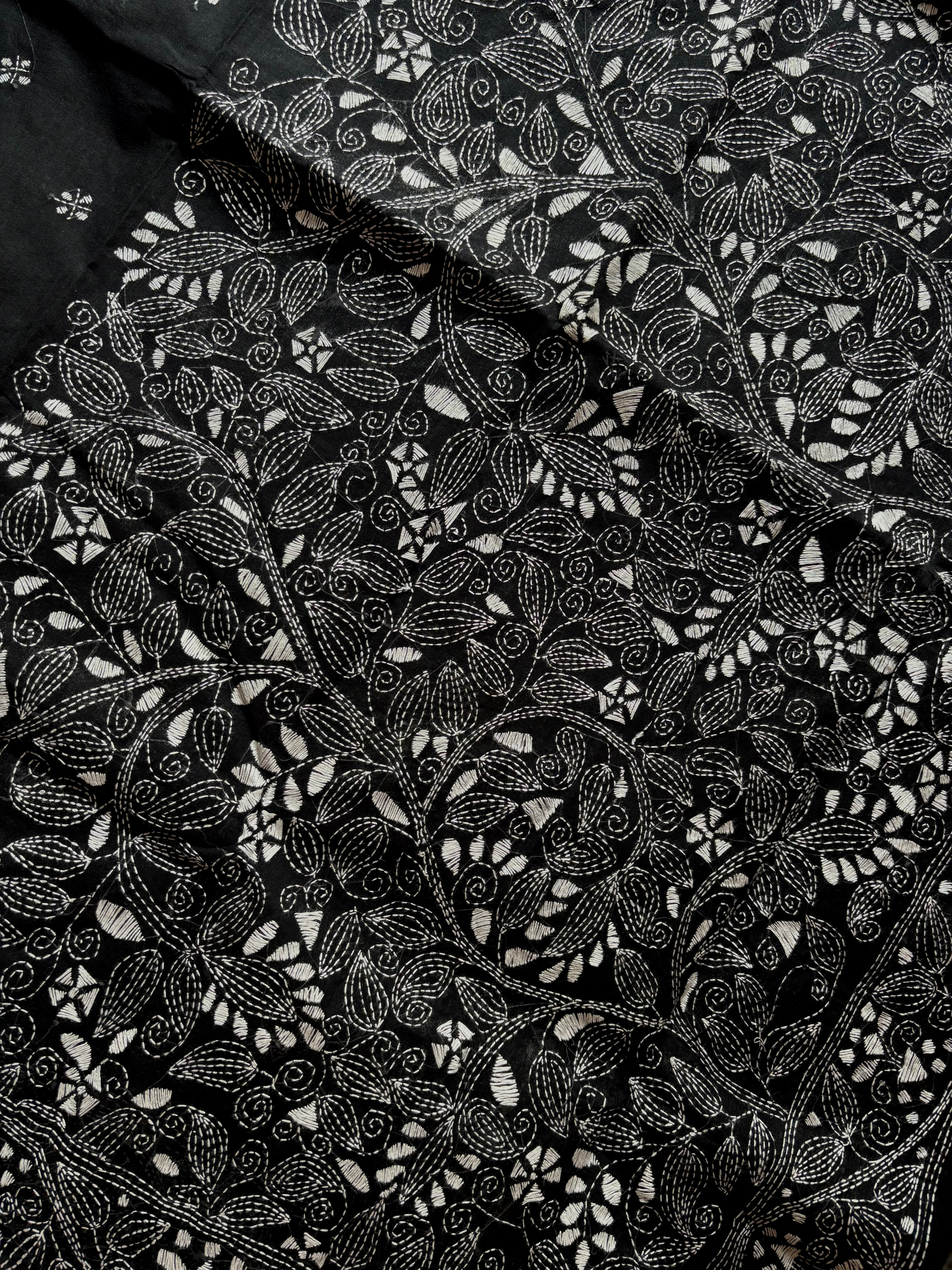 Handmade Black White Cotton Kantha Saree