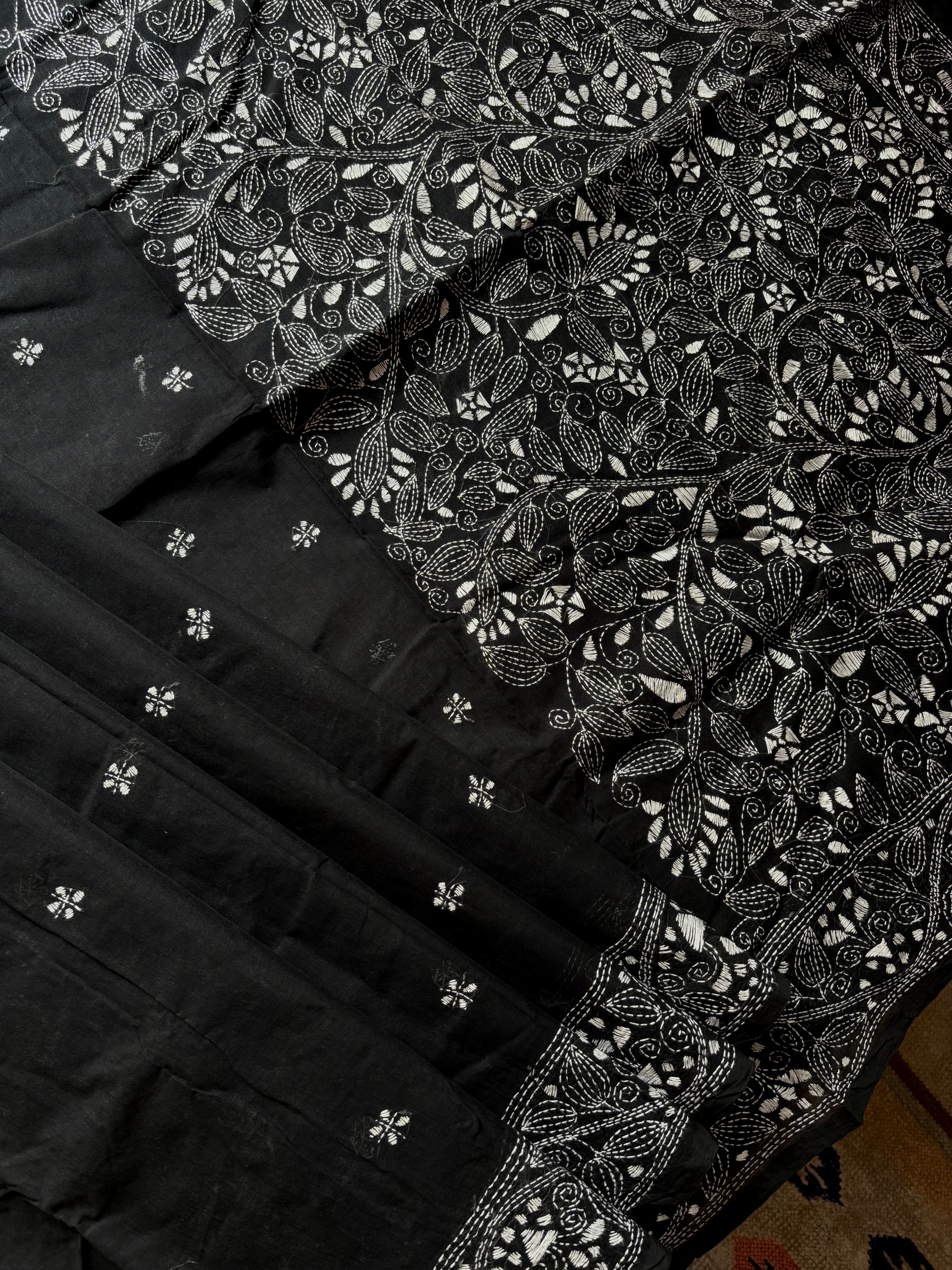 Handmade Black White Cotton Kantha Saree