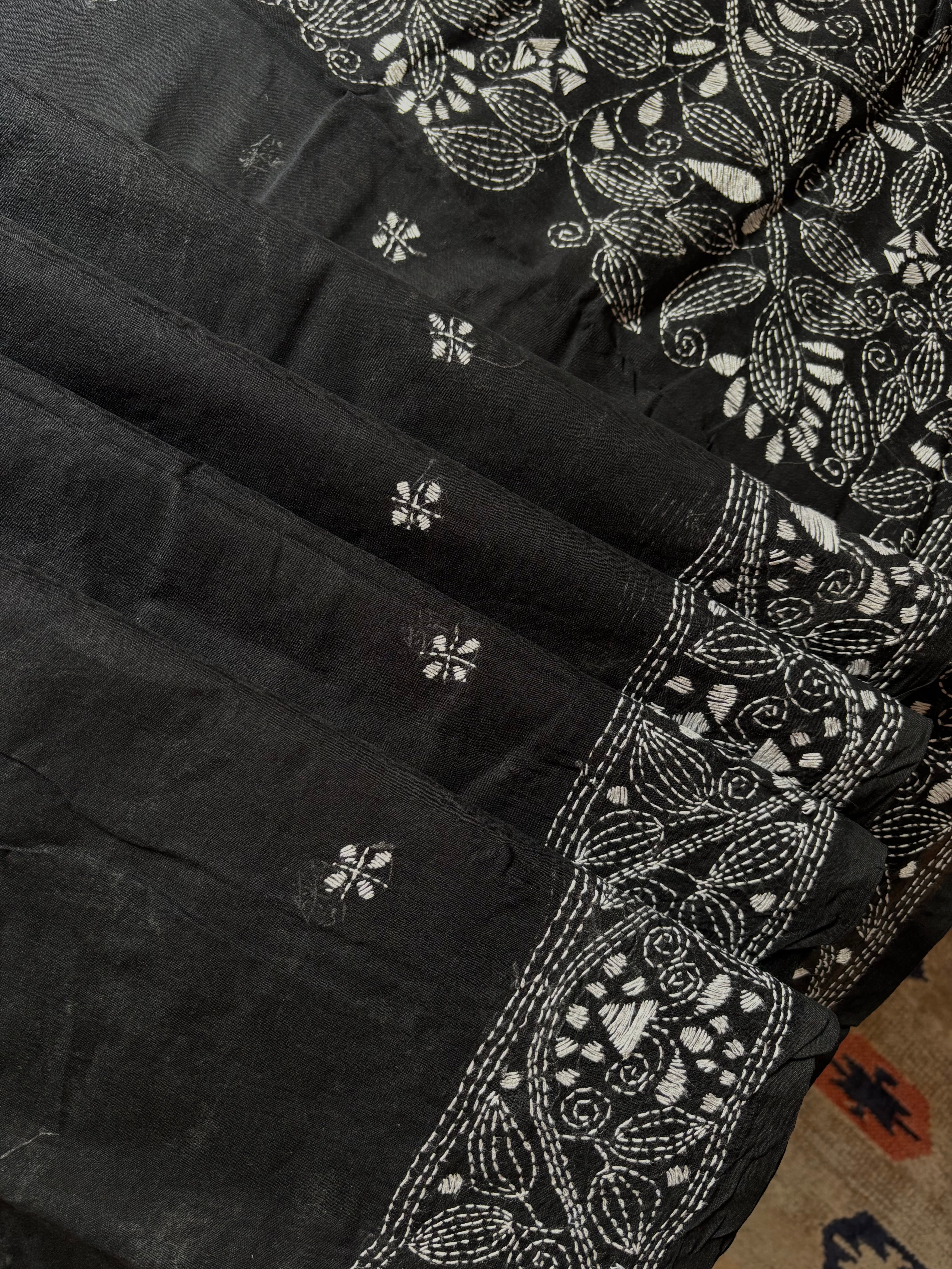 Handmade Black White Cotton Kantha Saree