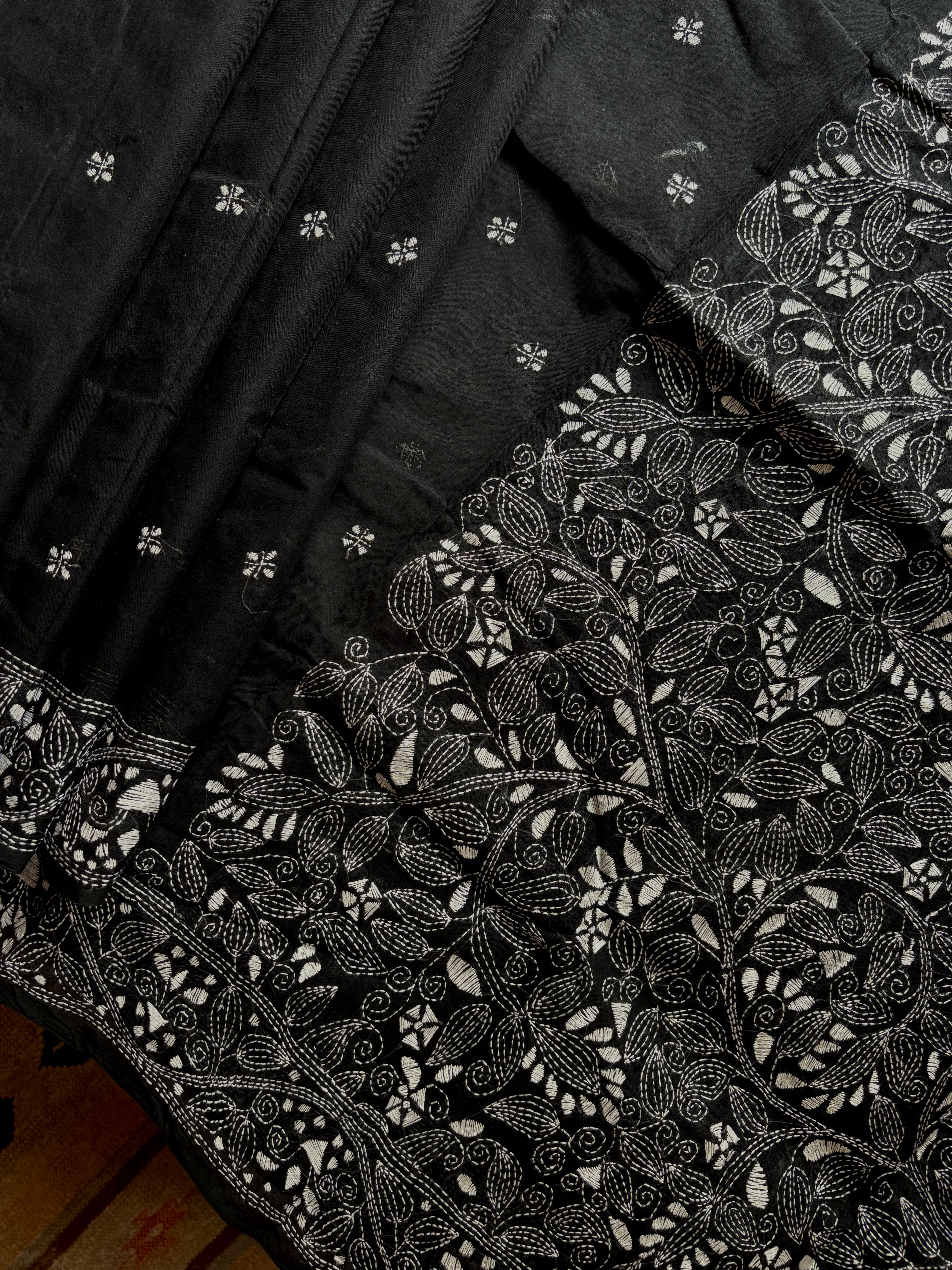 Handmade Black White Cotton Kantha Saree