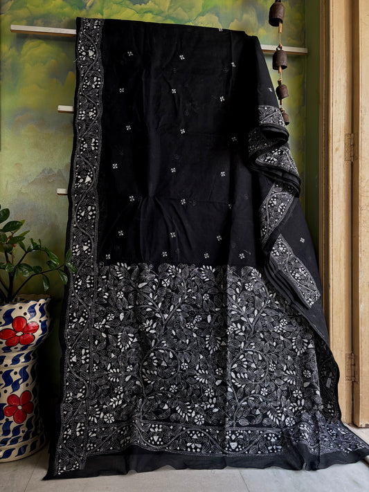 Handmade Black White Cotton Kantha Saree