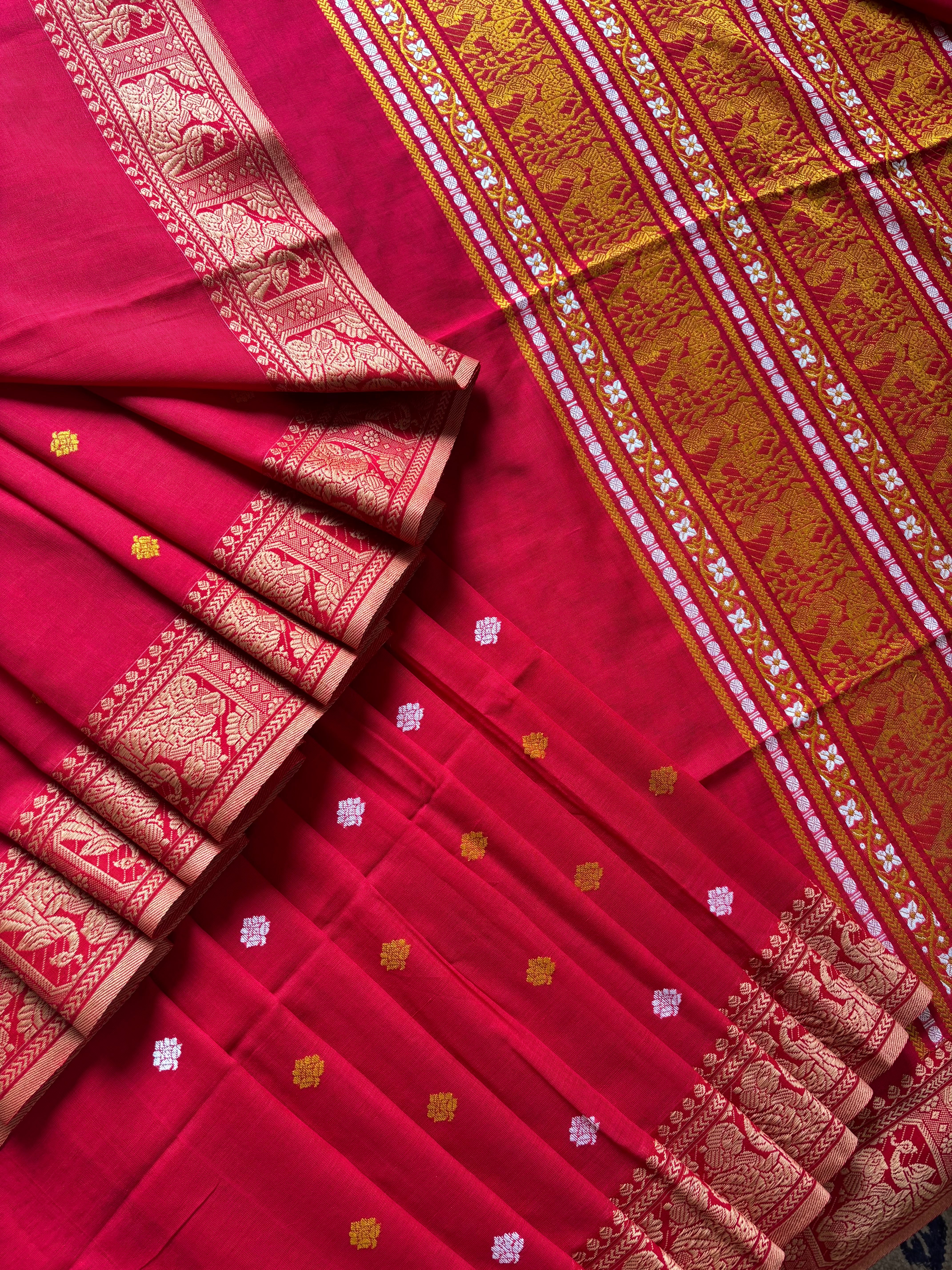 Handwoven Milky Red Cotton Baluchari Saree
