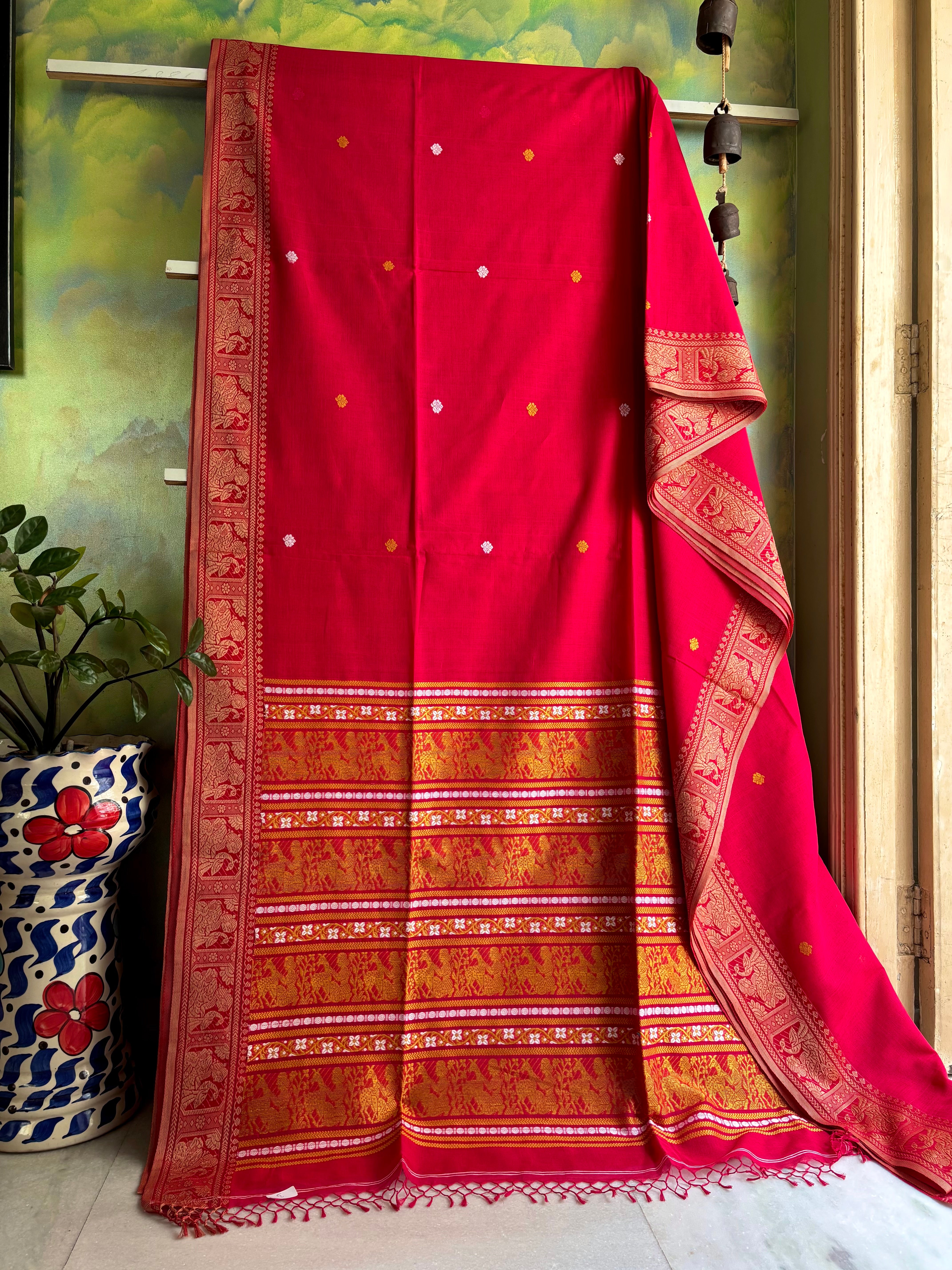 Handwoven Milky Red Cotton Baluchari Saree