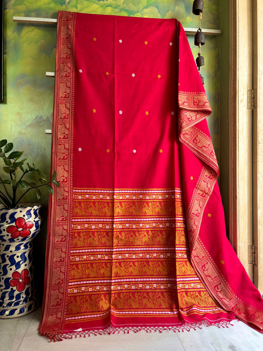 Handwoven Milky Red Cotton Baluchari Saree