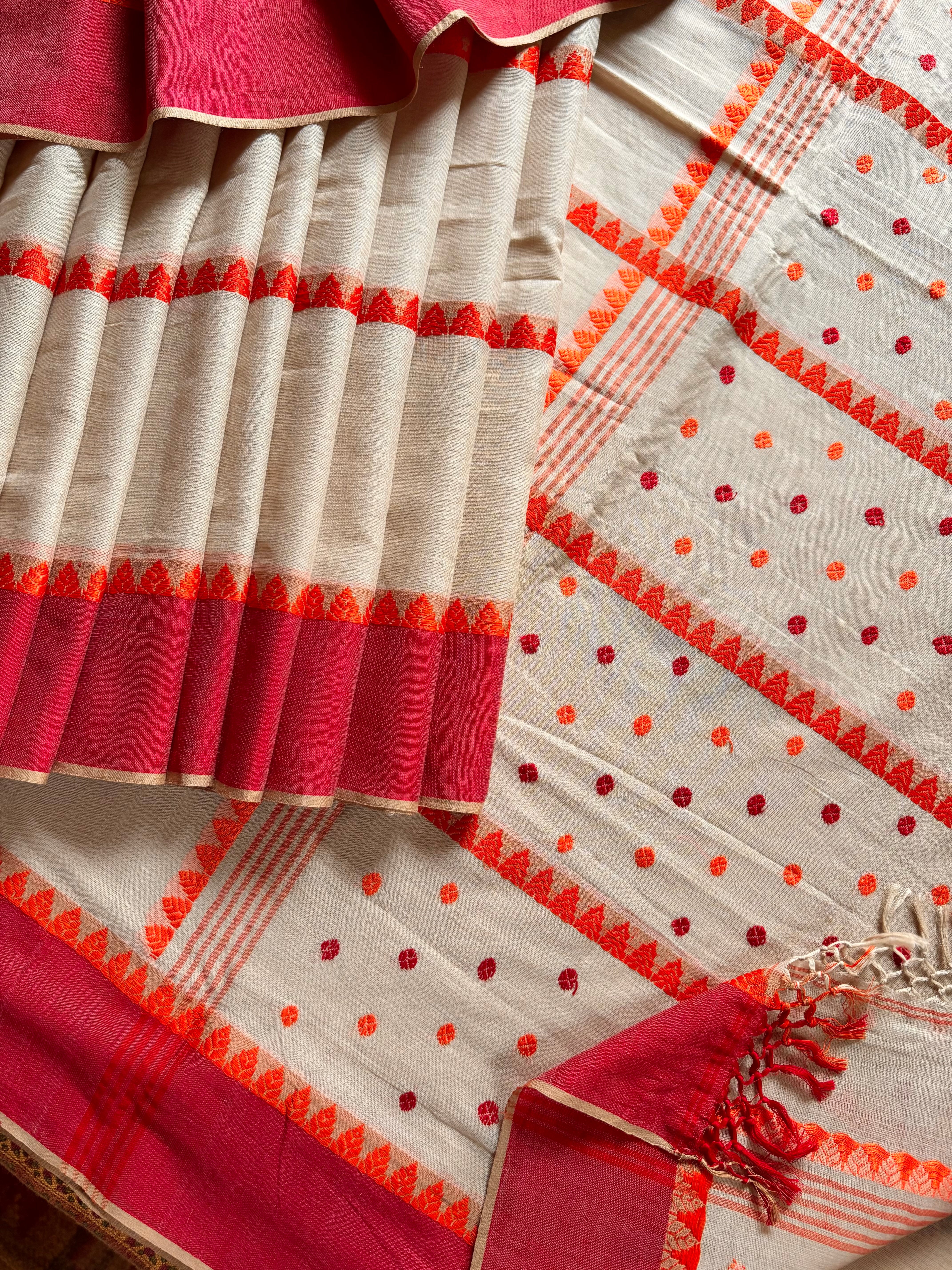 Handwoven Beige with Red and Orange work Phulia Cotton Saree