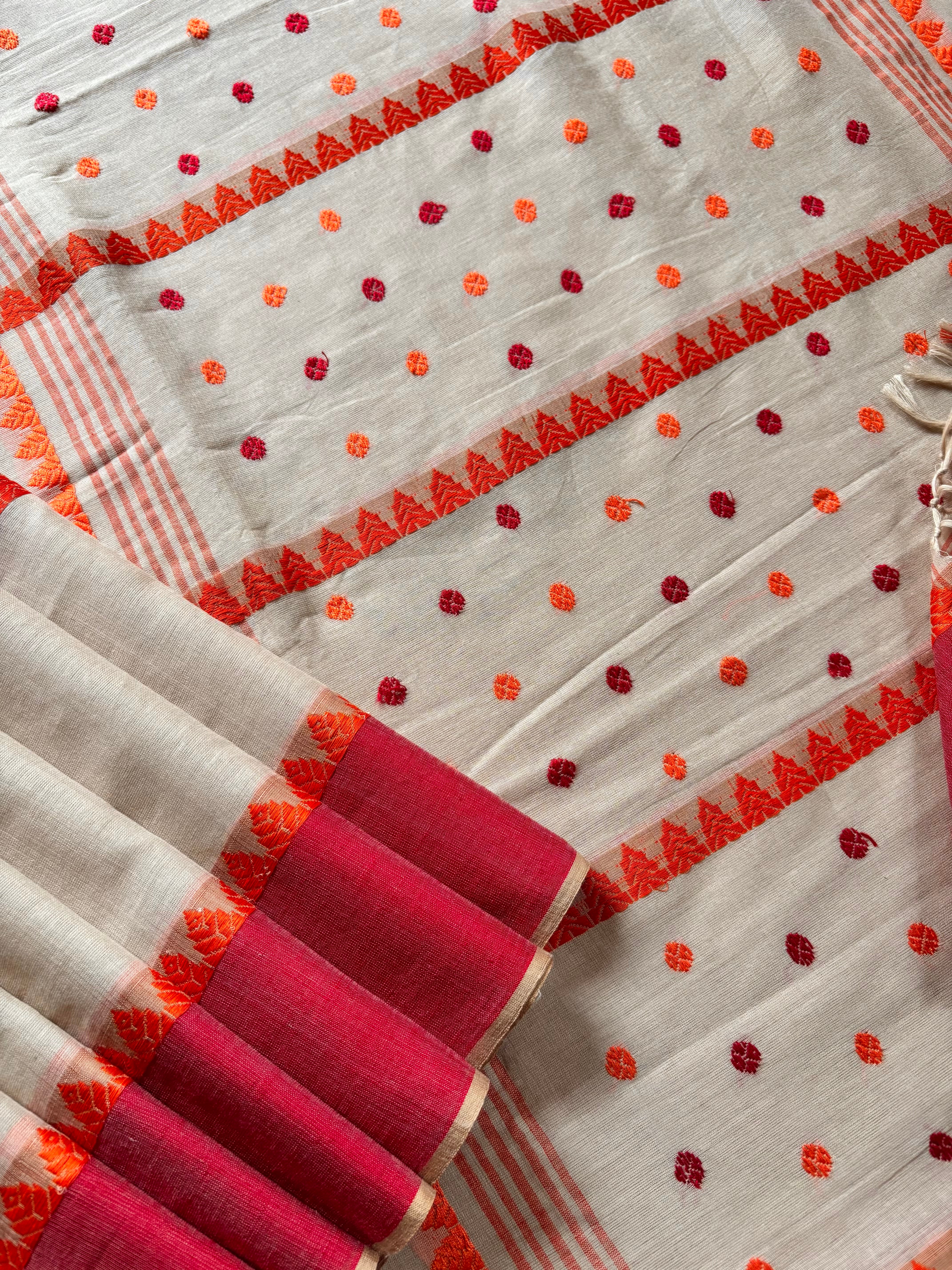 Handwoven Beige with Red and Orange work Phulia Cotton Saree