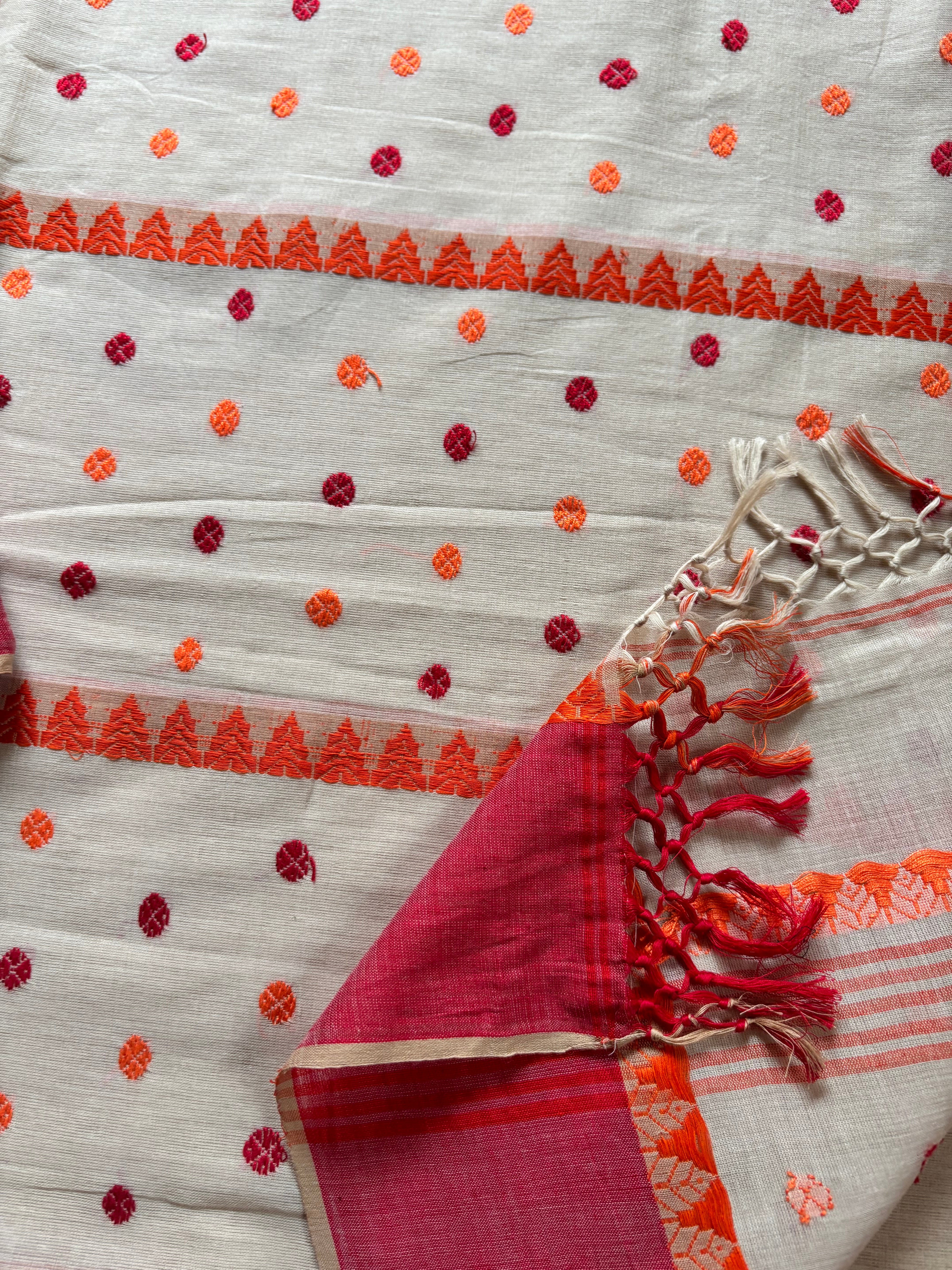 Handwoven Beige with Red and Orange work Phulia Cotton Saree