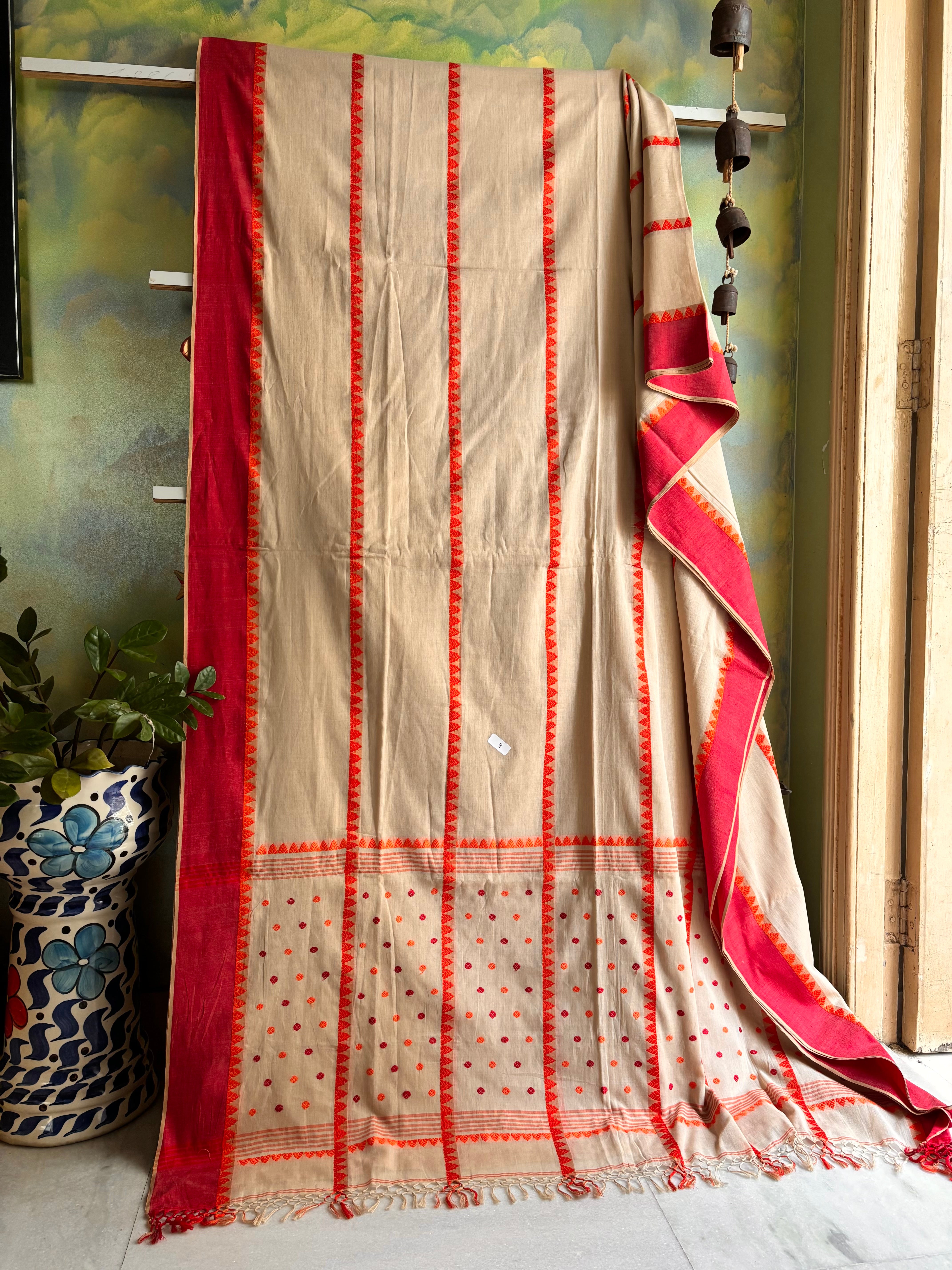 Handwoven Beige with Red and Orange work Phulia Cotton Saree