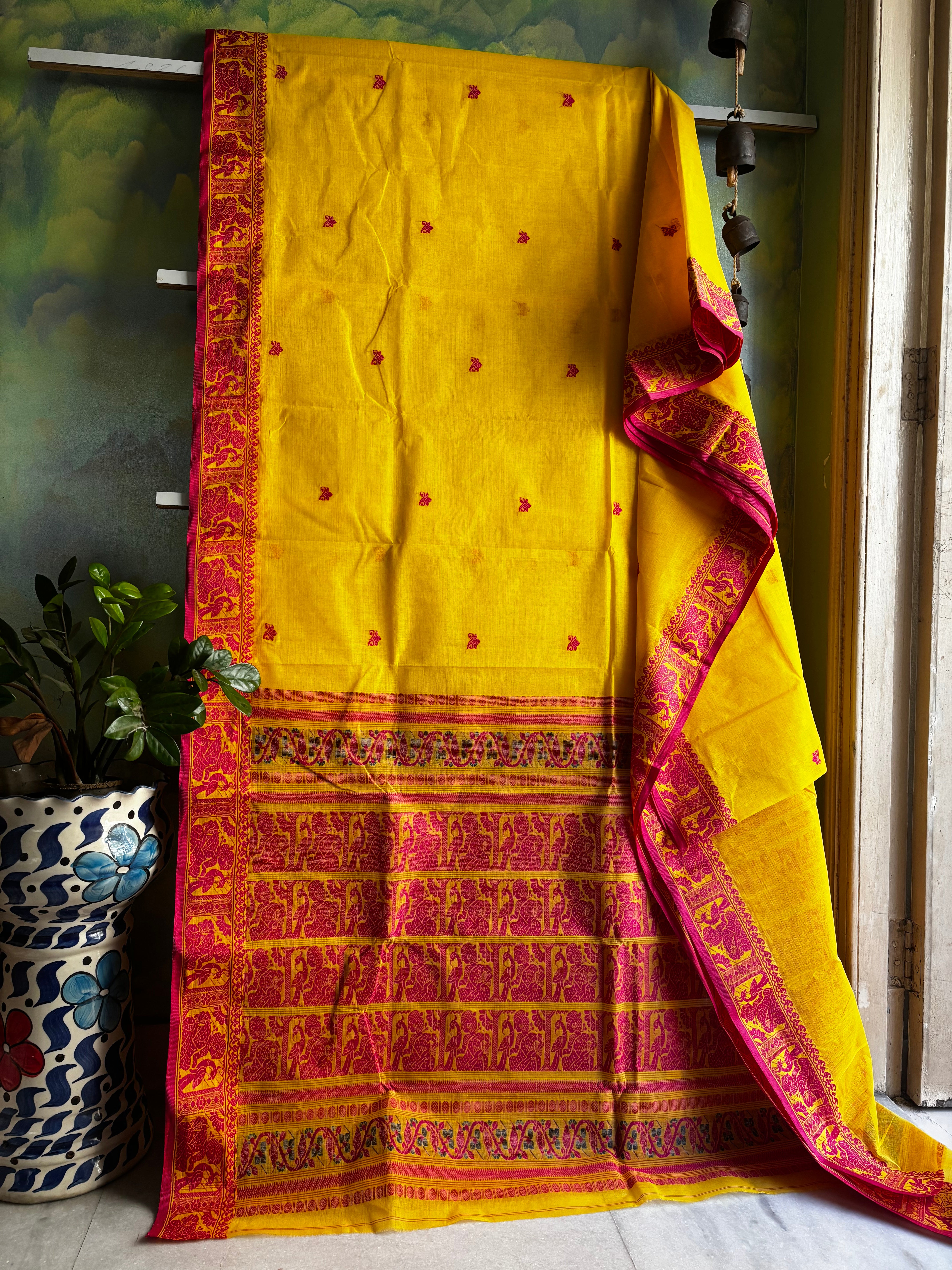 Mango Yellow Colour Handwoven Cotton Baluchari Saree