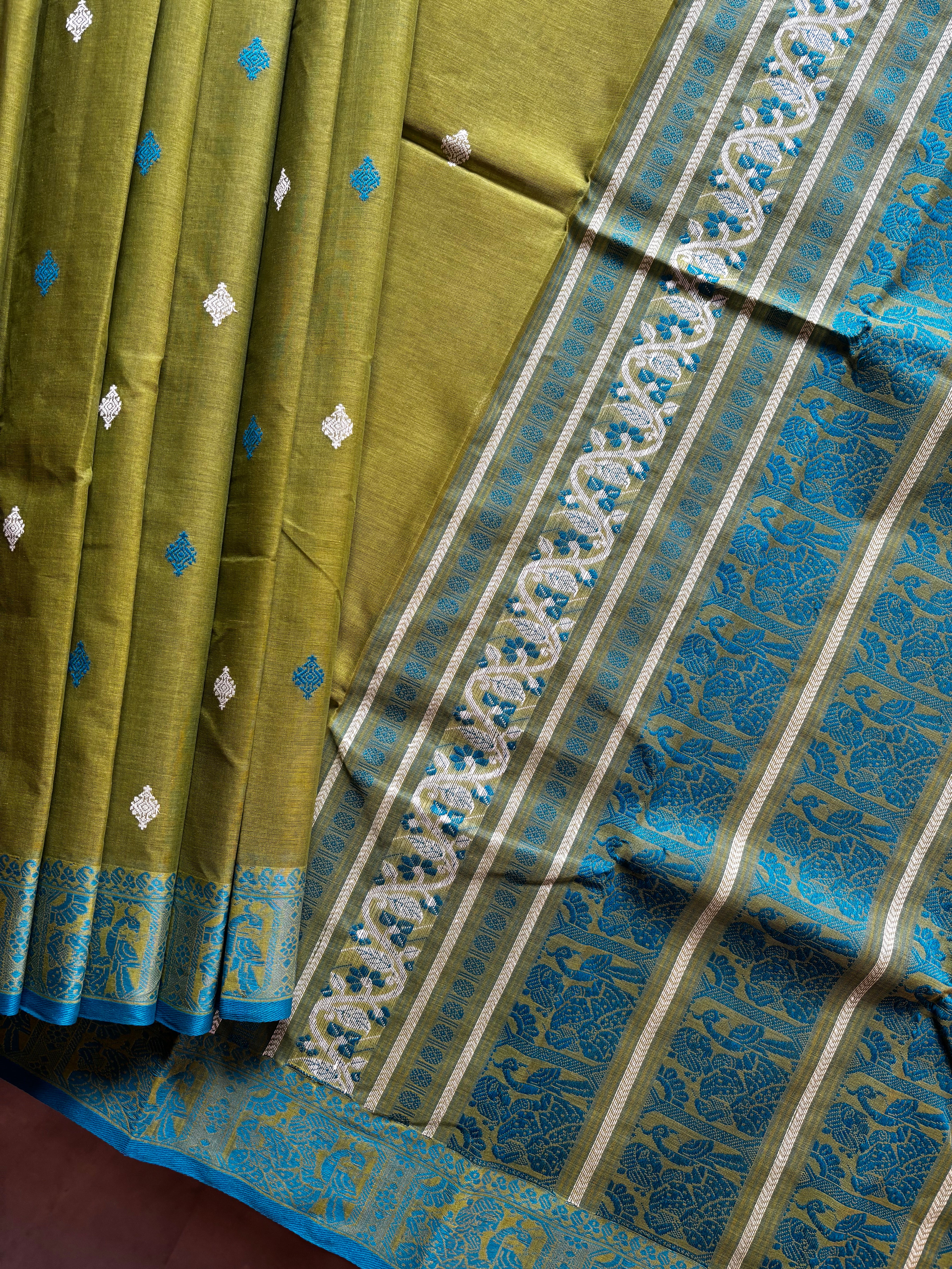Handwoven Olive Green Pure Cotton Baluchari Saree